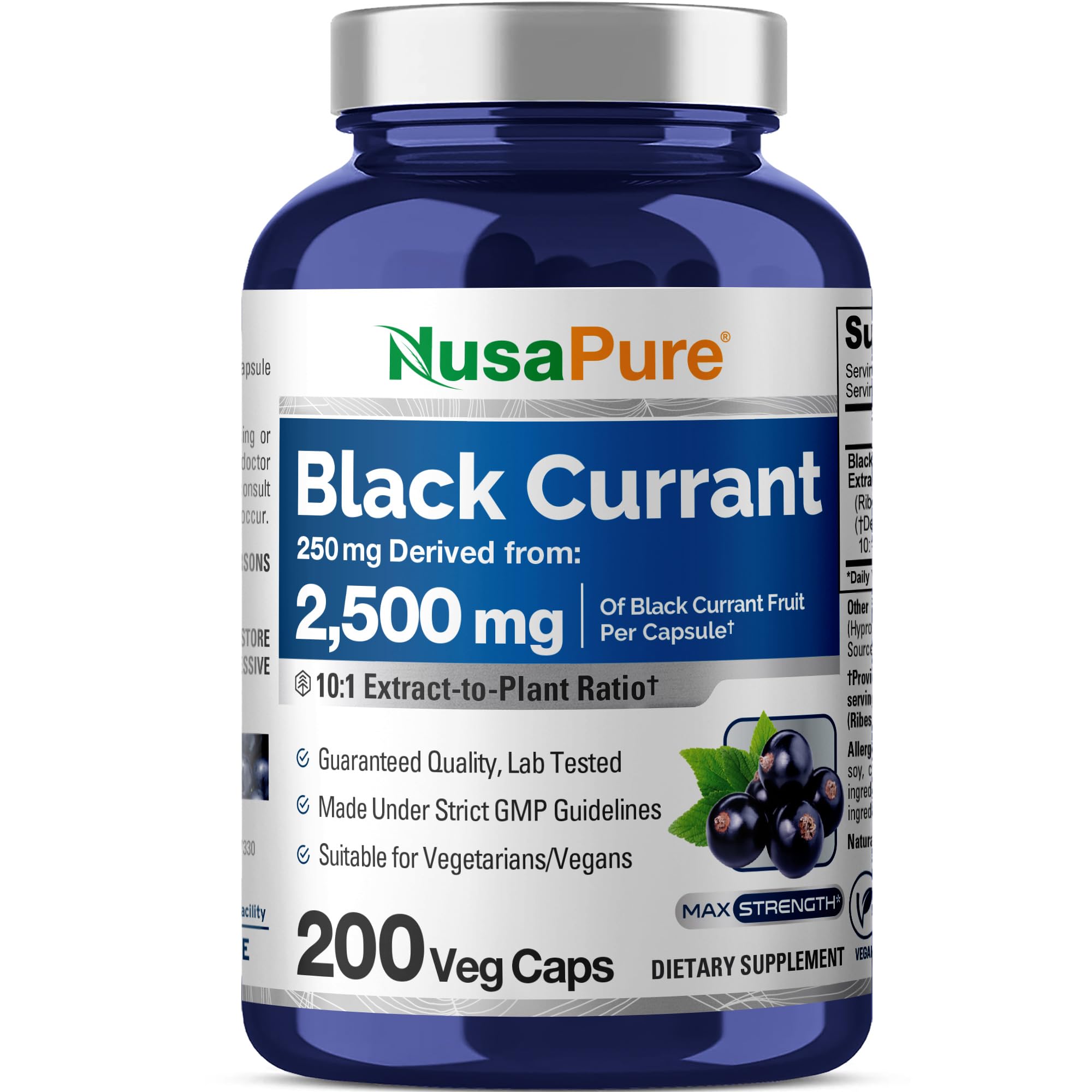 NusaPure Black Currant 10:1 Extract, 250 mg Equivalent to 2,500mg, per Veg Caps 200 Vegan, Non-GMO NusaPure Au supplements