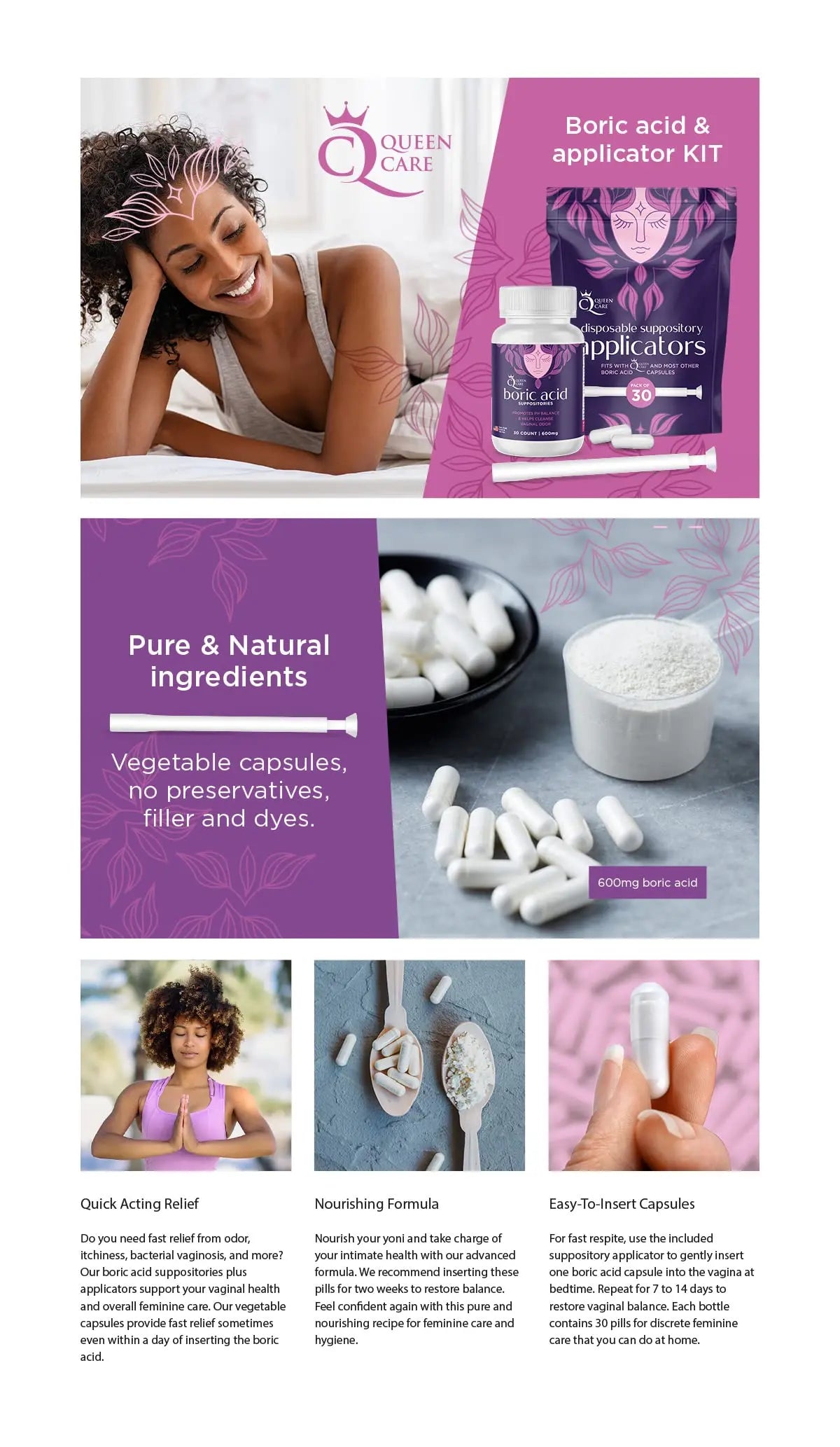 Queen Care - Boric Acid Suppositories & Applicators, Complete Feminine Care, PH Balance for Women Queen Care Au supplements