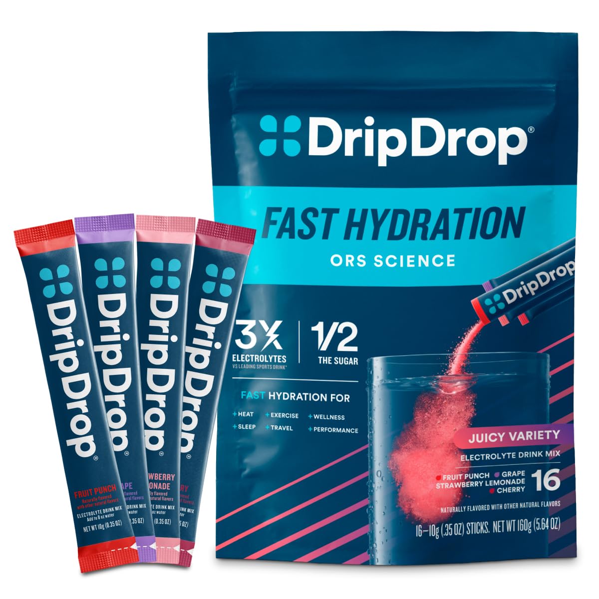 DripDrop Hydration Packets - Juicy Variety Pack - Single Serve Electrolytes Powder Drink Mix - Grape, Fruit Punch, Strawberry Lemonade, Cherry