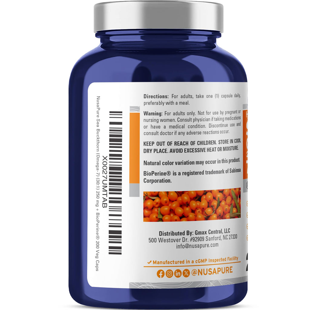 NusaPure Sea Buckthorn Omega-7 30:1 Extract, 250 mg Equivalent to 7,500mg per Veggie Caps - 200 Capsules - Non-GMO & Vegan NusaPure Au supplements
