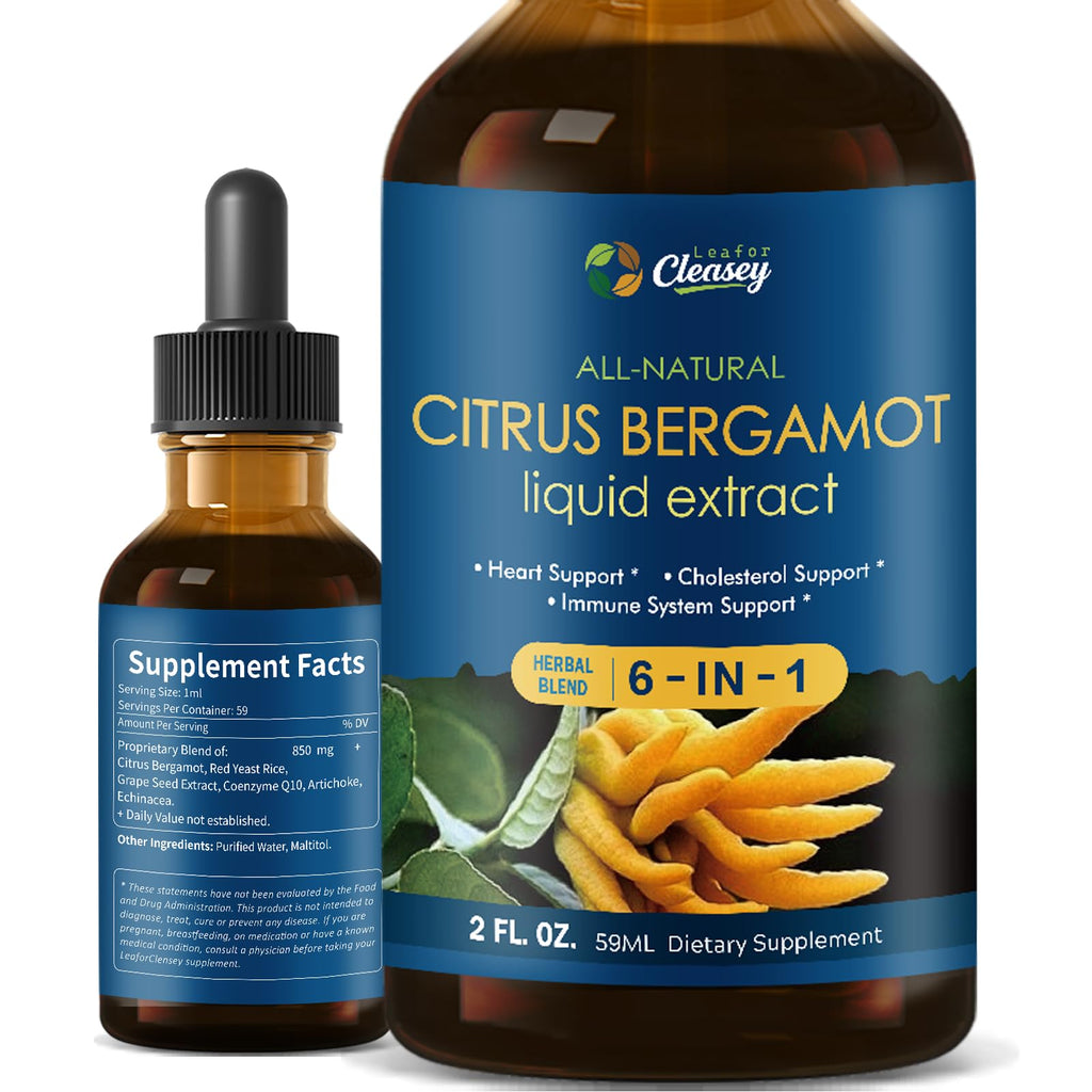 LeaforClensey Citrus Bergamot Liquid Drops for High Cholesterol, Bergamot Extract Blend Supplements with Red Yeast Rice & CoQ10 for Heart