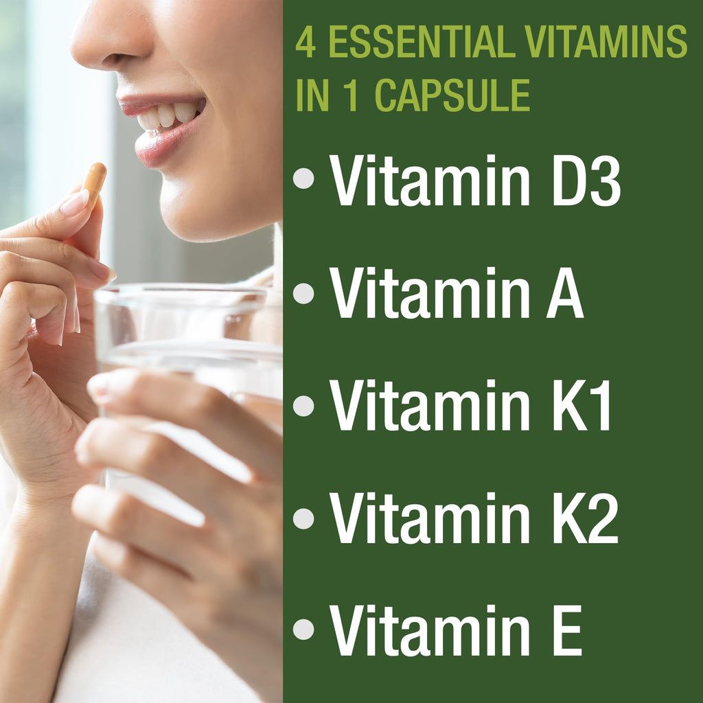 Peak Performance Vitamins D 5,000 iu + A + K + E All in 1 Easy to Swallow Vegan Capsule. ADK Vitamin Supplement with E D3 K2. Essential Vitamins for Mood