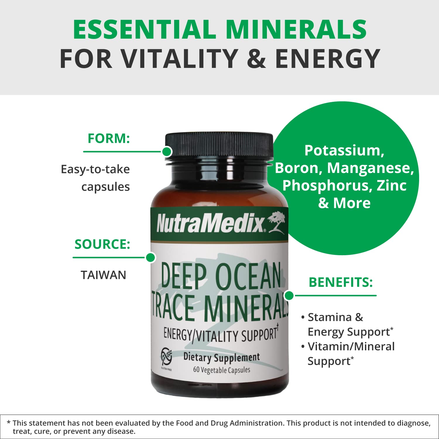 NutraMedix Deep Ocean Trace Minerals 1,000mg - Mineral & Energy Supplements - Magnesium, Zinc, Potassium, Boron, Phosphorus & Manganese