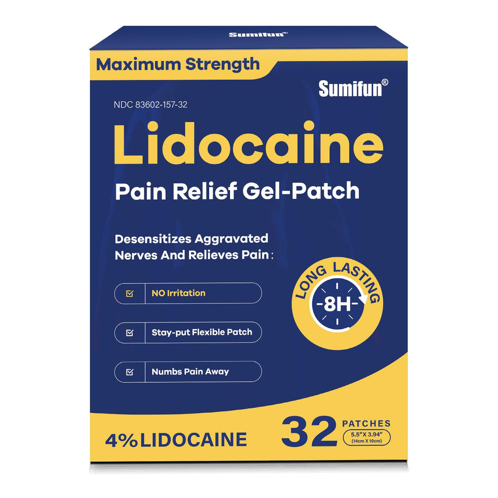 Sumifun 4% Lidocaine Patches Maximum Strength- Pain Relieving Gel Patch for Back, Shoulder, Muscle, Knee Pain Relief,Neck & Joint Pains-Numbs Away Pain, Apply for Up to 8 Hours (Large, Count, 32) Sumifun Au supplements
