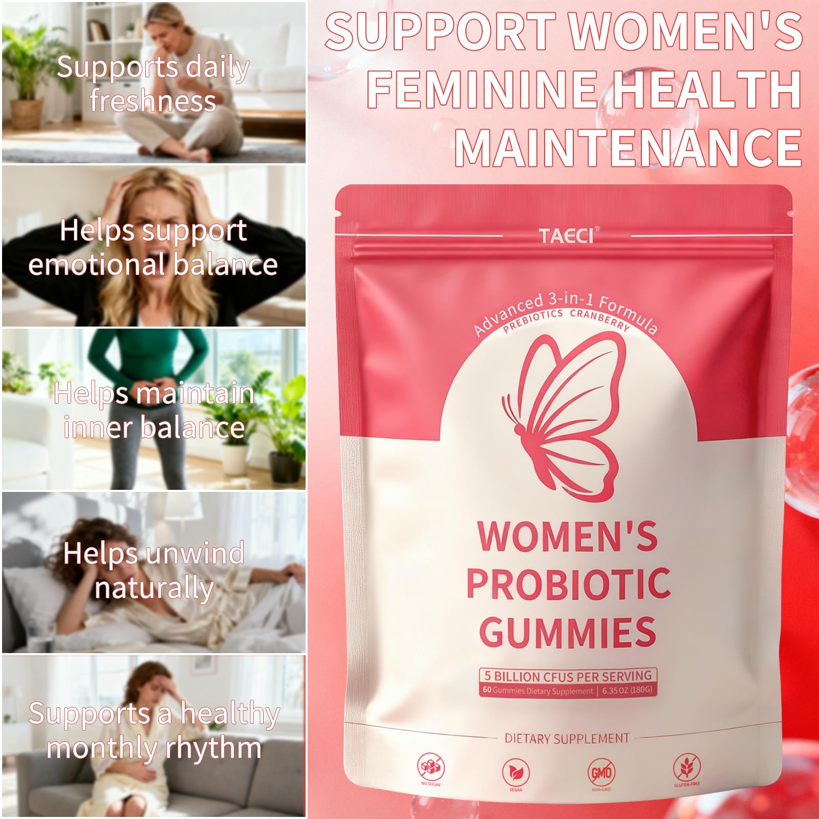 Taeci Vaginal Probiotic Gummies for Women – 5 Billion CFU with Prebiotic & Cranberry Extract – Supports pH Balance, Healthy Odor & Gut Health