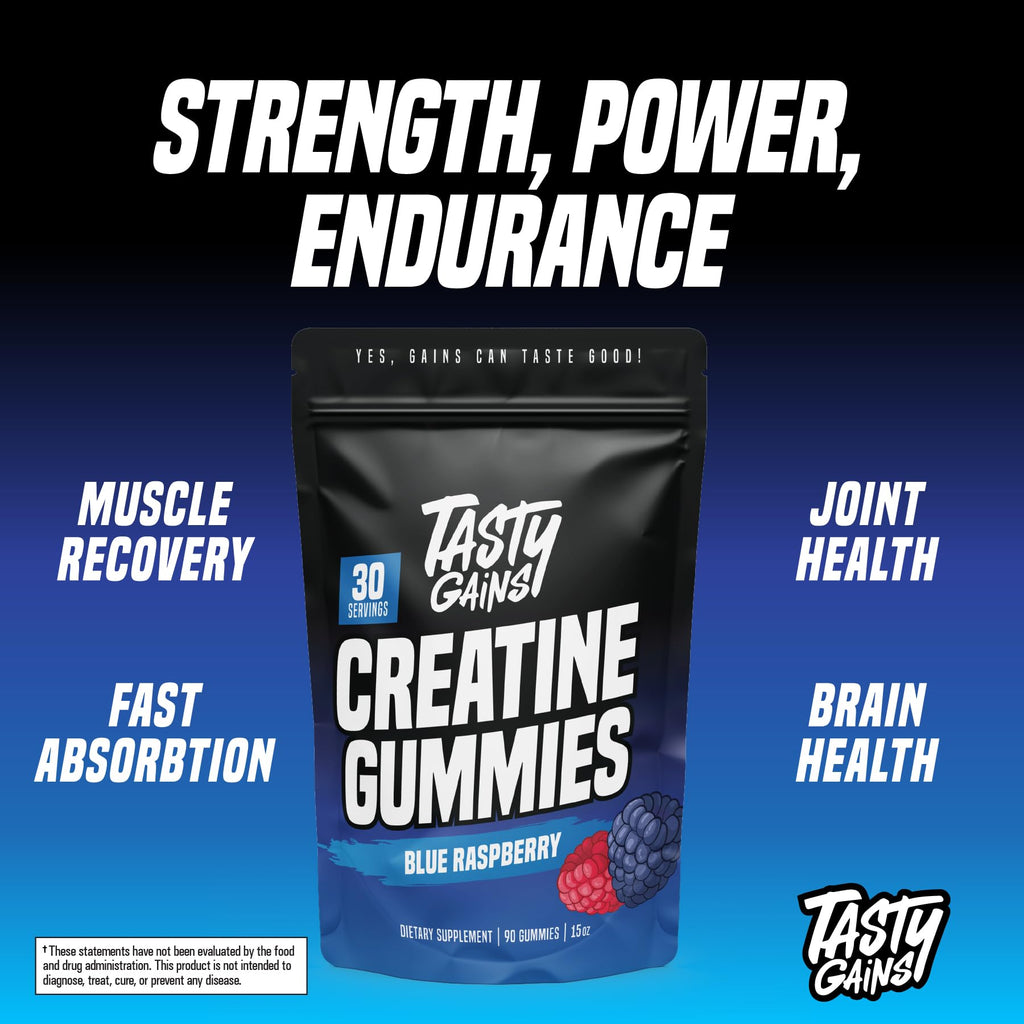 TASTY GAINS Creatine Gummies - 90g of Creatine Monohydrate - Workout Supplements - Build Muscle & Boost Strength for Men & Women - Made in USA