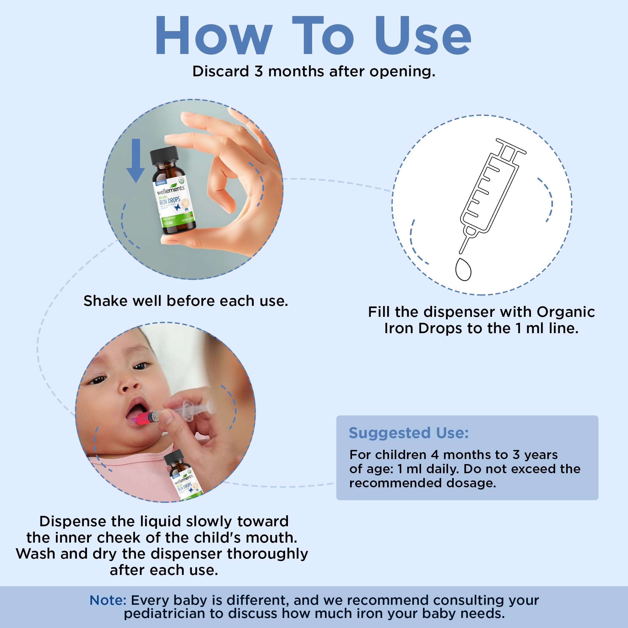 Wellements Organic Iron Drops for Newborn+ Babies (1 Fl Oz) - Cherry Flavor Liquid Iron Supplement for Infants - Toddler Iron Supplement for Kids (4months+ to 3 Years)