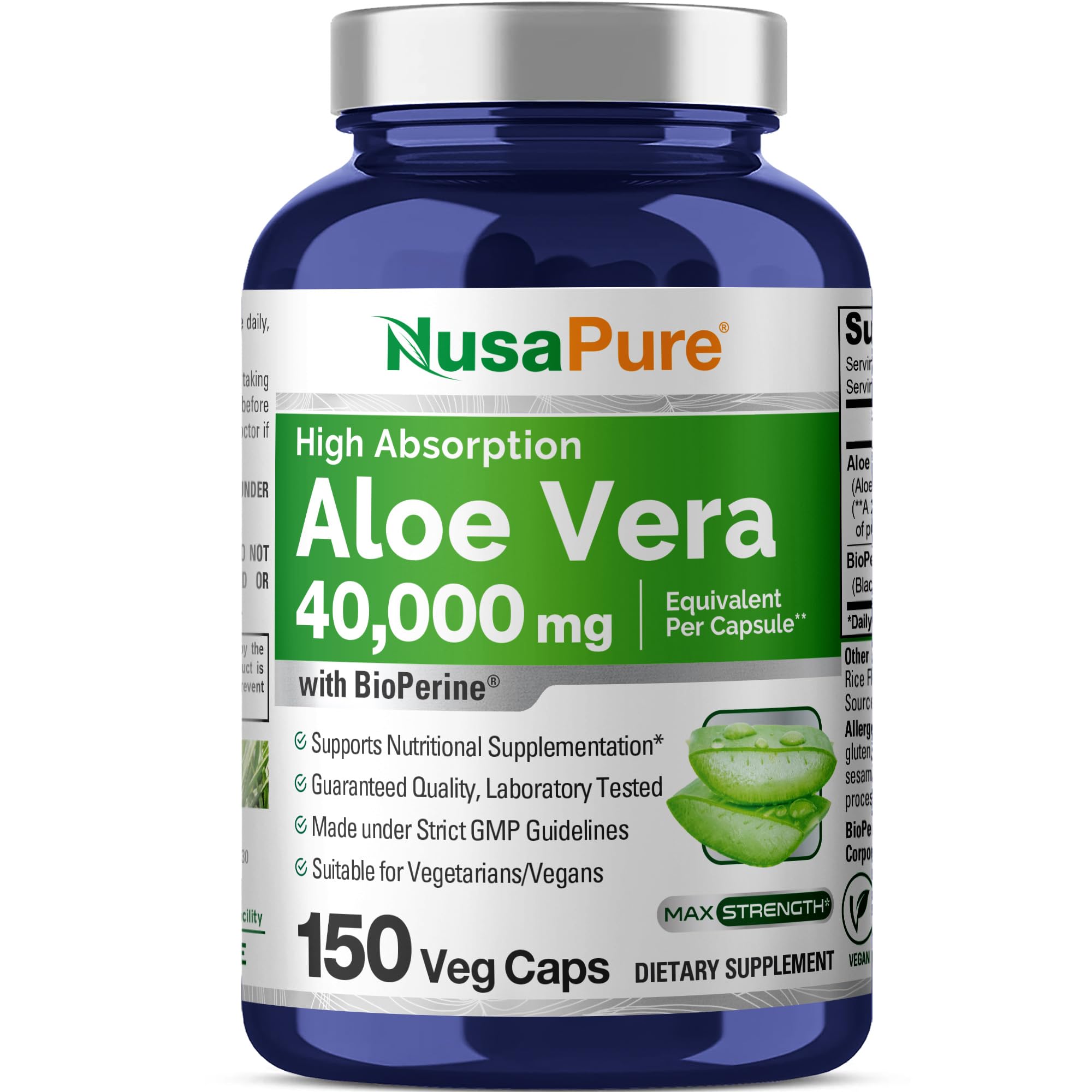 NusaPure Aloe Vera 40,000mg Per Veggie Caps - 150 Count - Aloe Vera Gel Supplement - Extract 200:1, Vegetarian, Non-GMO, Bioperine NusaPure Au supplements