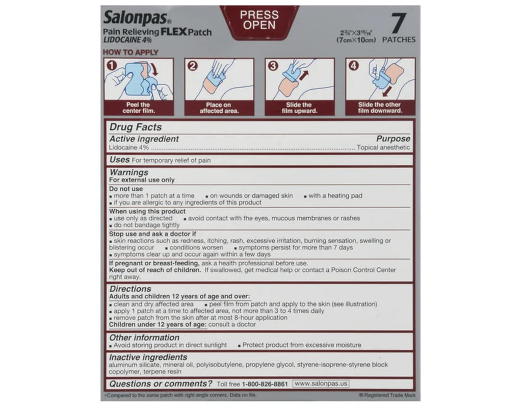 Salonpas Temporary Pain Relieving Flex Patch with Lidocaine 4%, Maximum OTC Strength, Stretchable Thin Fabric, Strong Adhesion, Contours to Body, Apply for Up to 8 Hours 7 ct (Pack of 2) Salonpas Au supplements