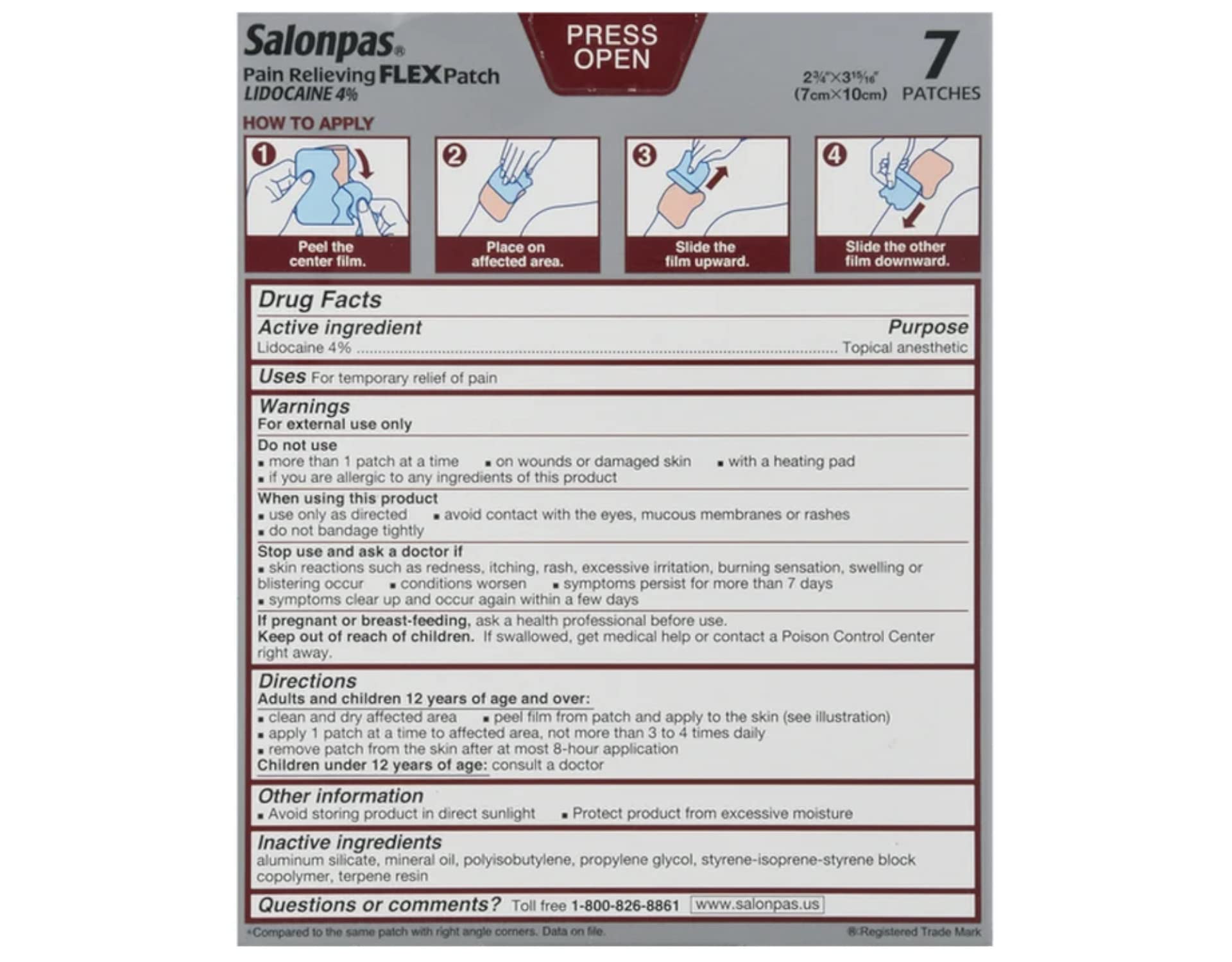 Salonpas Temporary Pain Relieving Flex Patch with Lidocaine 4%, Maximum OTC Strength, Stretchable Thin Fabric, Strong Adhesion, Contours to Body, Apply for Up to 8 Hours 7 ct (Pack of 2) Salonpas Au supplements