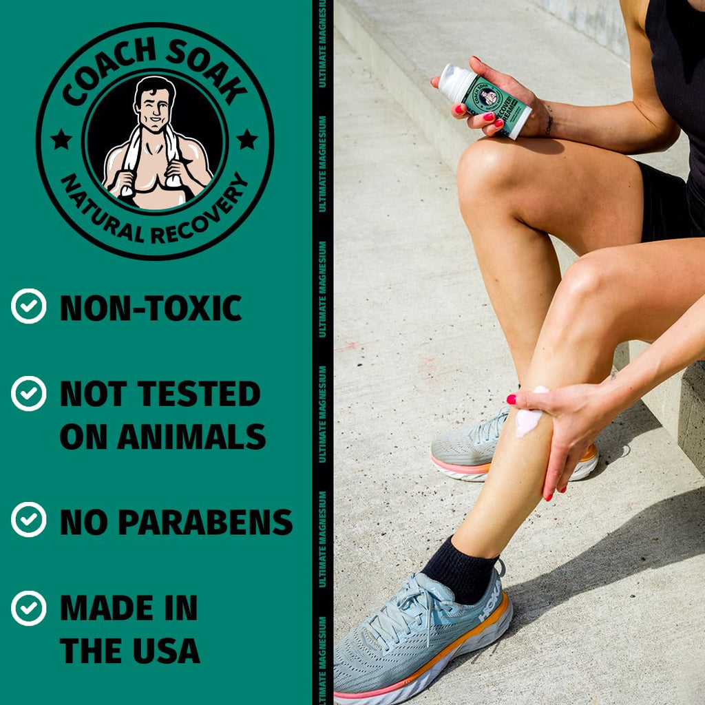 Coach Soak Magnesium Cream with MSM in Pump Bottle - Natural Recovery Cream with Magnesium Chloride & Menthol - Fast-Absorbing for Muscles & Joints, Cooling Menthol, 3.4oz Coach Soak Au supplements