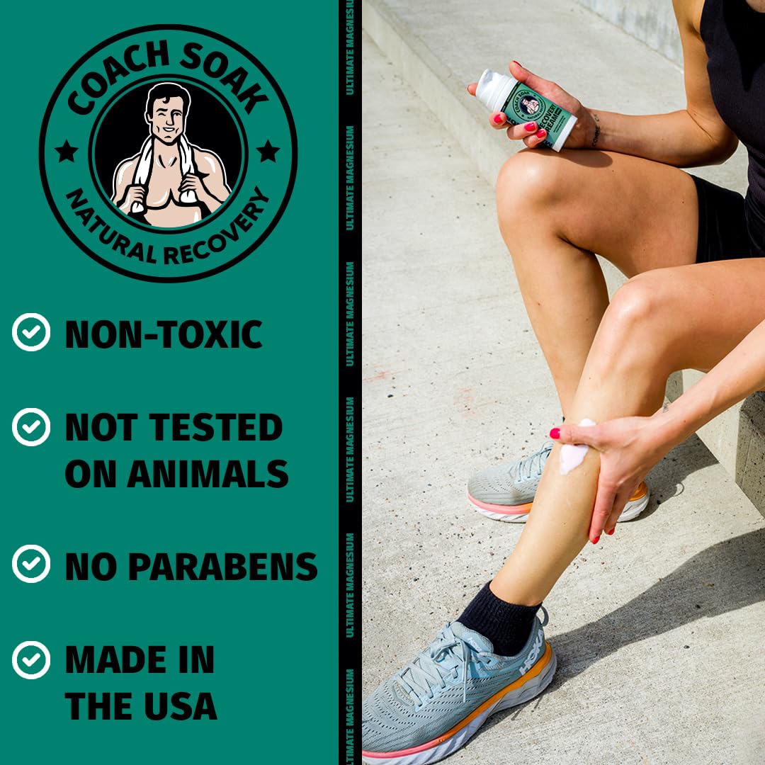 Coach Soak Magnesium Cream with MSM in Pump Bottle - Natural Recovery Cream with Magnesium Chloride & Menthol - Fast-Absorbing for Muscles & Joints, Cooling Menthol, 3.4oz Coach Soak Au supplements