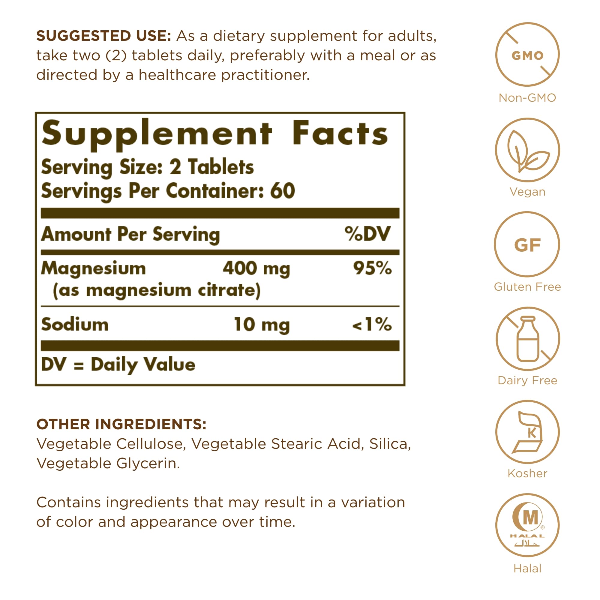 Solgar Magnesium Citrate - 120 Tablets, Pack of 2 - Promotes Healthy Bones, Supports Nerve & Muscle Function - Highly Absorbable - Non-GMO, Vegan, Gluten Free, Kosher - 120 Total Servings Solgar Au supplements