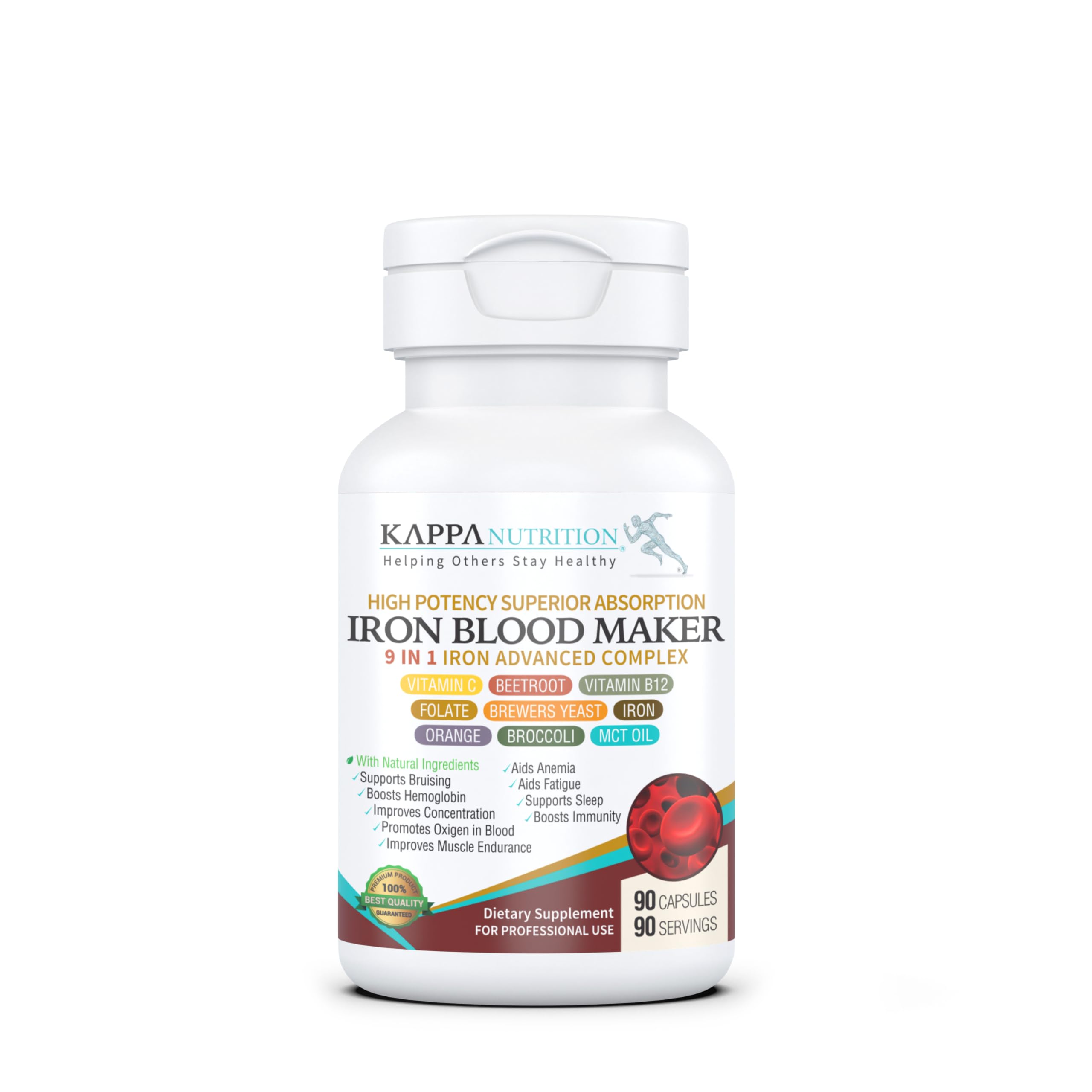 KAPPA NUTRITION Iron 26mg, Vitamin C & Orange 150mg, Folate 667mcg DFE, Vitamin B12, Beetroot, Brewers Yeast, Broccoli & MCT Oil 9 in 1 Advanced Complex (90 Capsules) KAPPA NUTRITION Au supplements