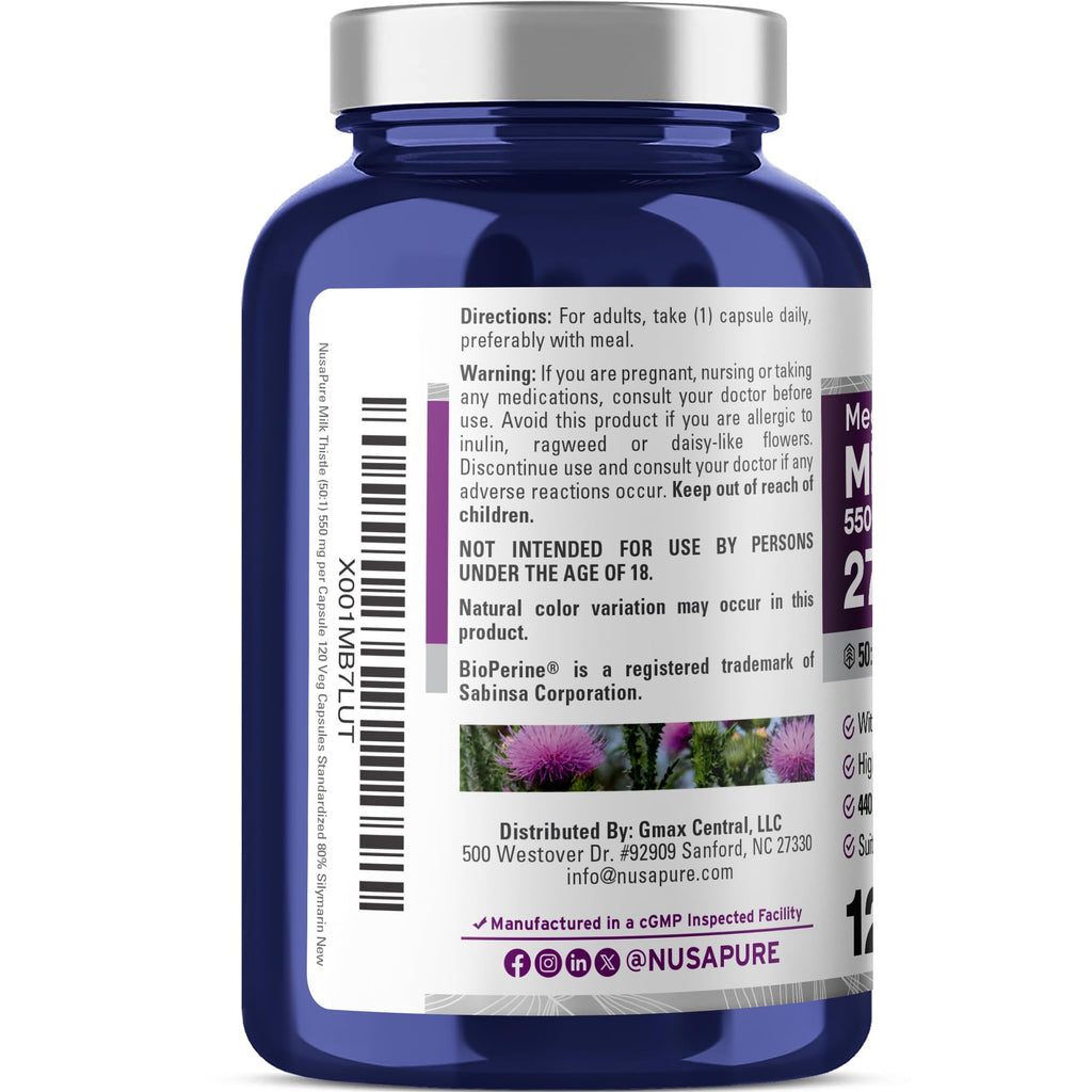 NusaPure Milk Thistle 50:1 Extract, 550 mg Equivalent to 27,500mg 120 Veggie Capsules Non-GMO, Vegan Max Strength - Standardized 80% Silymarin, Bioperine NusaPure Au supplements