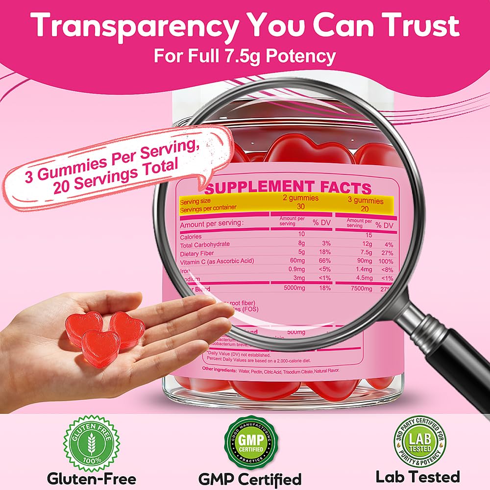 Fiber Gummies 7500mg, Probiotics & Digestive Enzymes, Sugar-Free, Vegan & Gluten-Free Supplement for Gut Health, Bloating Support & Regularity)