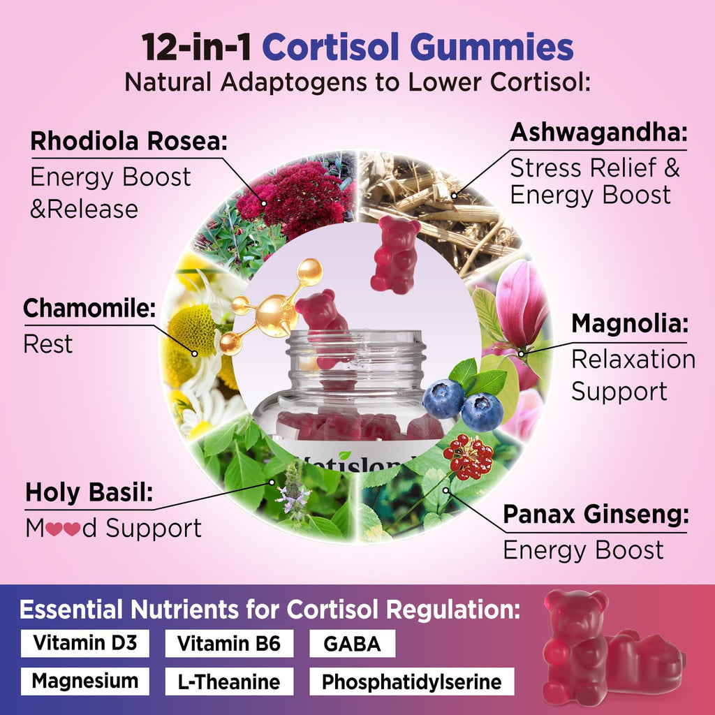Cortisol Gummies, 12-in-1 Cortisol Reducer, with Magnesium Glycinate, Ashwagandha, L-Theanine, Phosphatidylserine, Vitamin B6 & D3, Rhodiola Rosea, for Men & Women, Sugar-Free, Vegan, NON-GMO, 60CT NATISLAND Au supplements