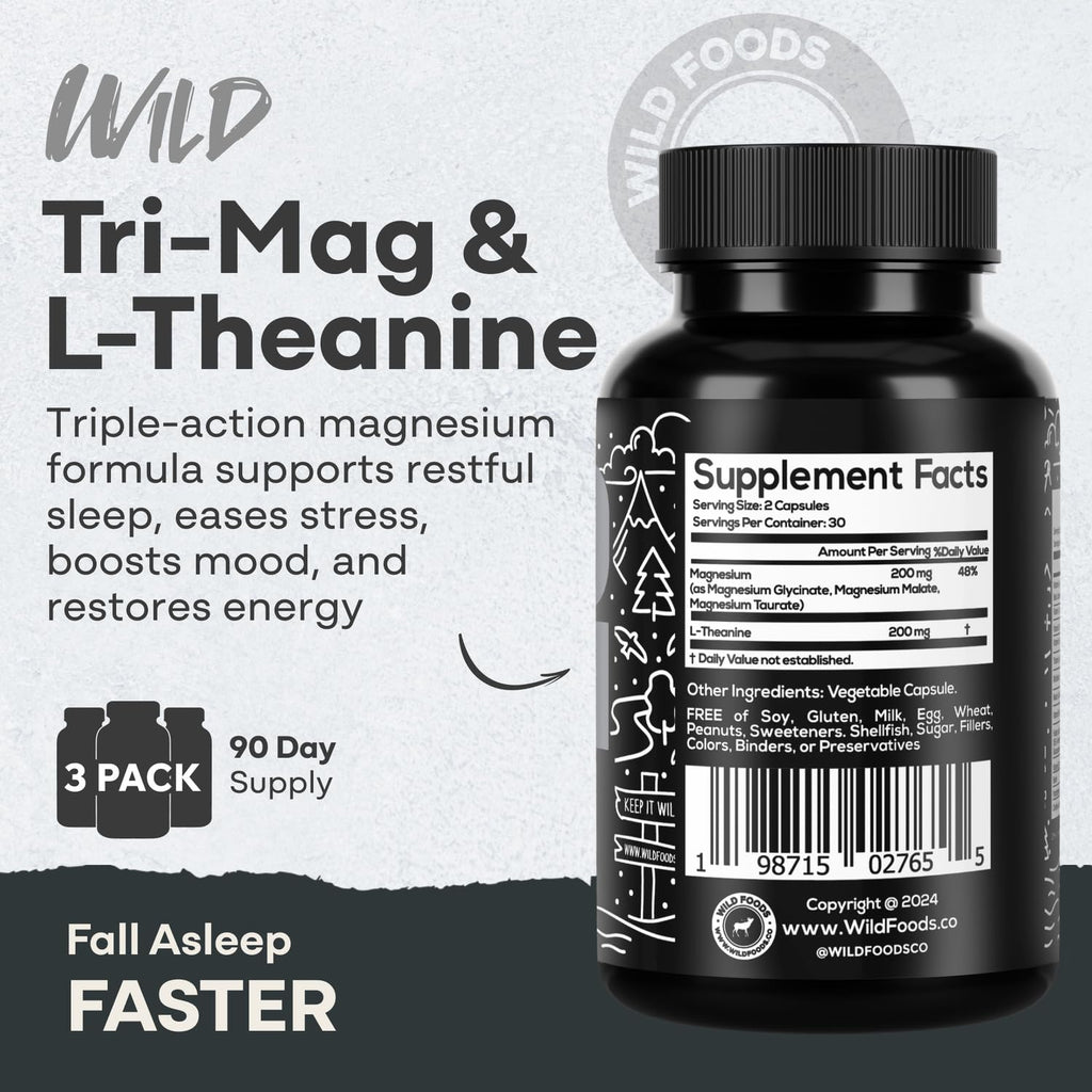 Wild Foods Tri-Mag & L-Theanine – Triple Magnesium Complex for Sleep w/L Theanine – Magnesium Glycinate, Malate, Taurate – 100% Natural – 60 Capsules Wild Foods Au supplements