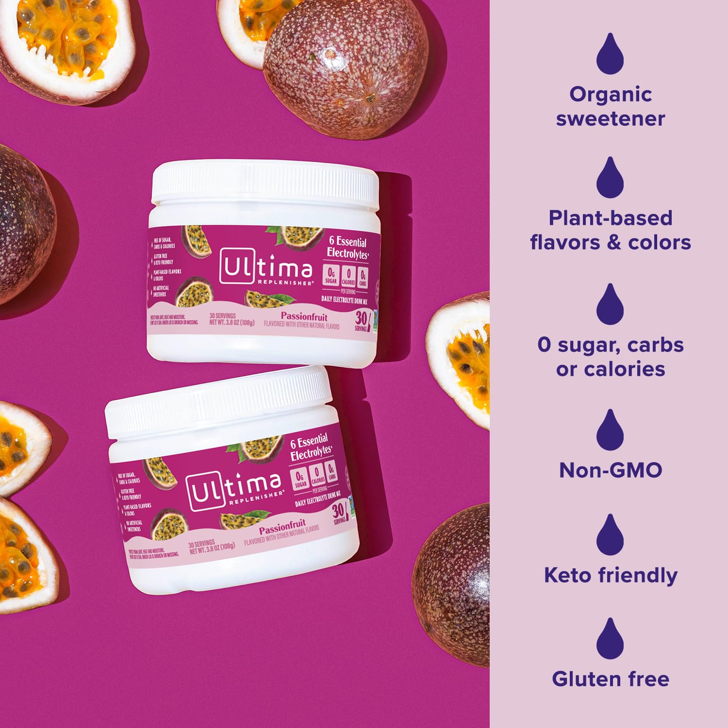 Ultima Replenisher Daily Electrolyte Powder Drink Mix – Sugar Free – Passionfruit, 30 Servings – Hydration Powder with 6 Key Electrolytes