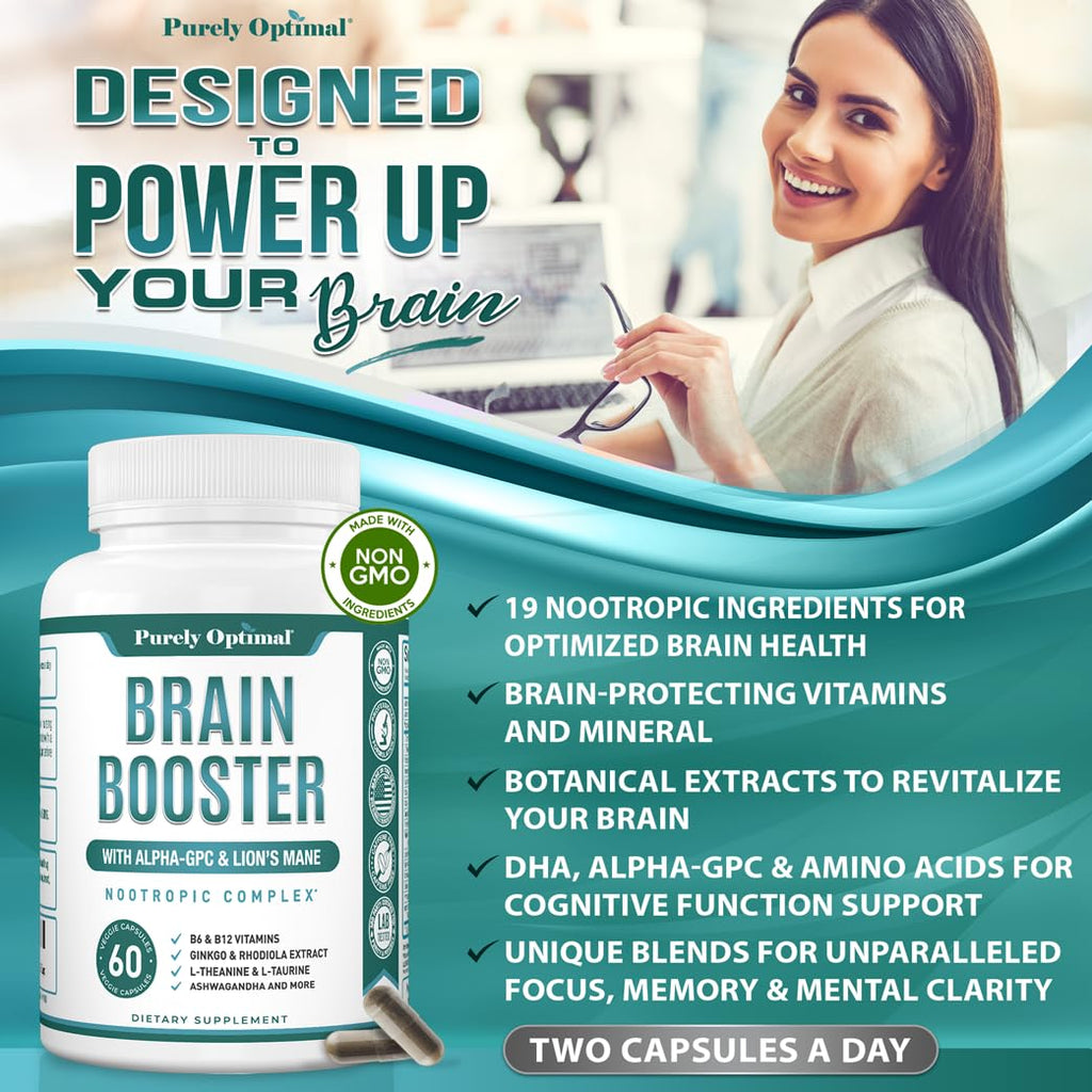 Purely Optimal Brain Booster Nootropic Supplement – Brain Support for Memory, Focus, Clarity, Jitter-Free Energy for Adults, Seniors– with Ginkgo Biloba, Alpha GPC, Lion’s Mane – 60 Capsules Purely Optimal Au supplements