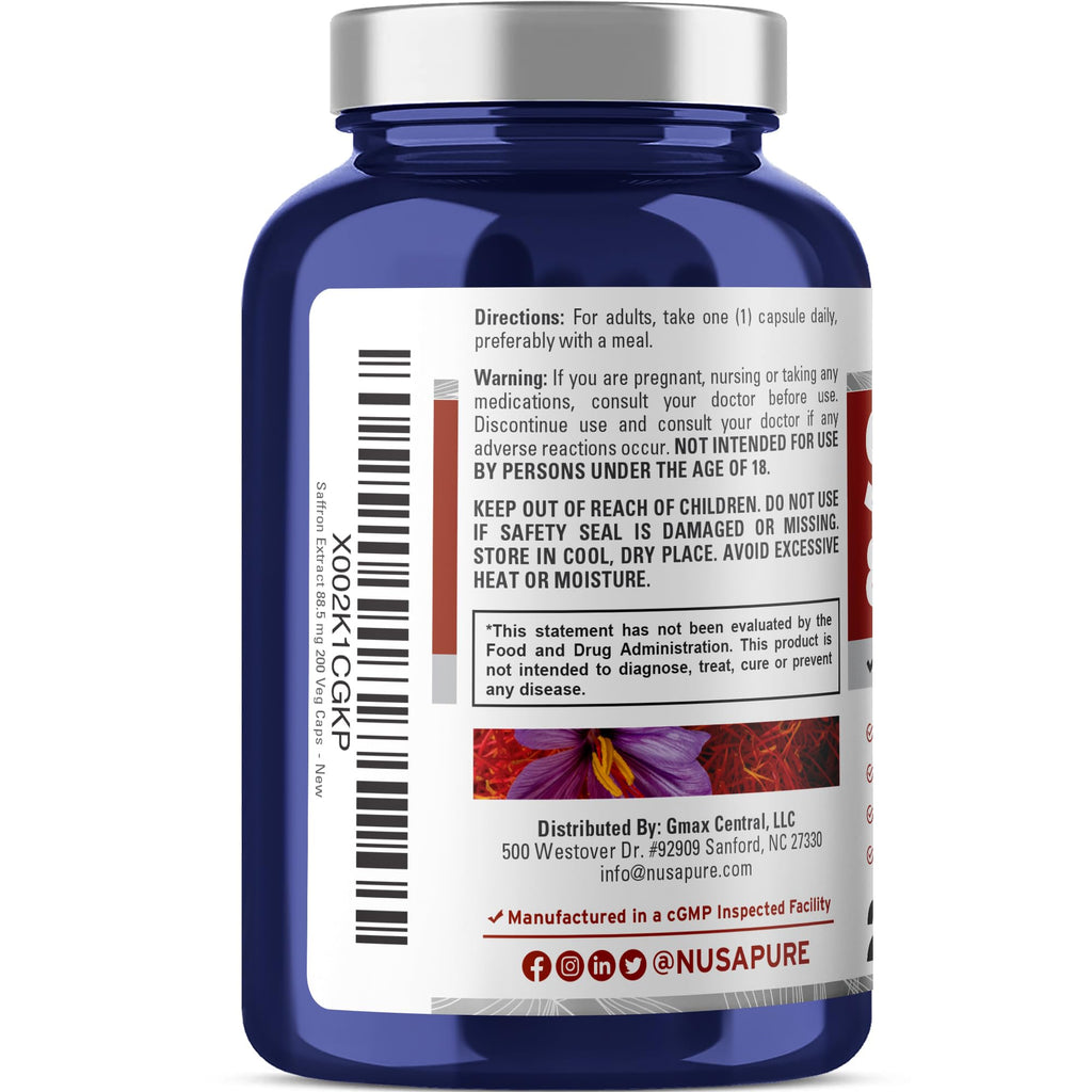 NusaPure Saffron Extract 88.5mg 200 Veggie Caps (Vegetarian, Non-GMO, Vegan) NusaPure Au supplements