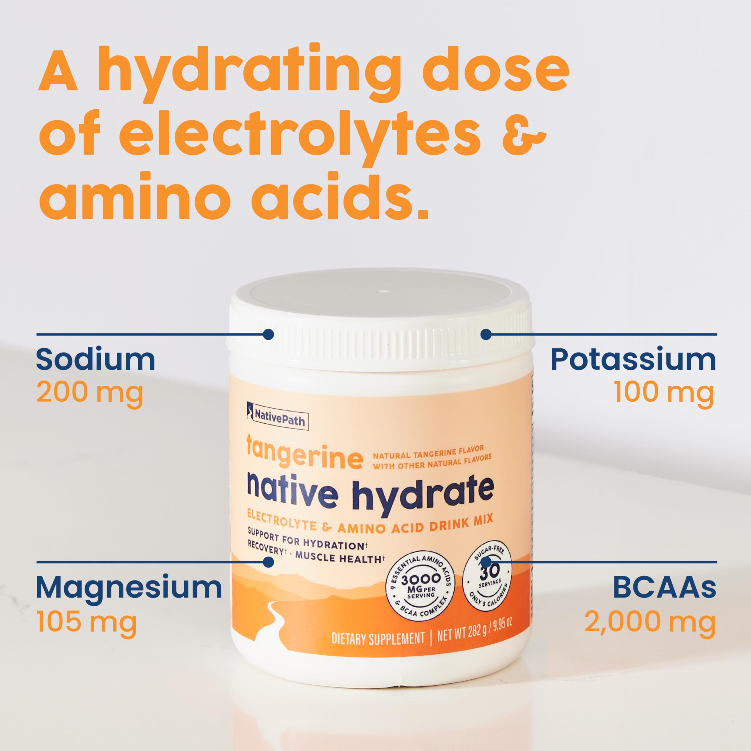 NativePath Hydrate, Zero Sugar, Electrolytes Powder with BCAAs, Tangerine Hydration, Keto & Paleo Friendly, 30 Servings