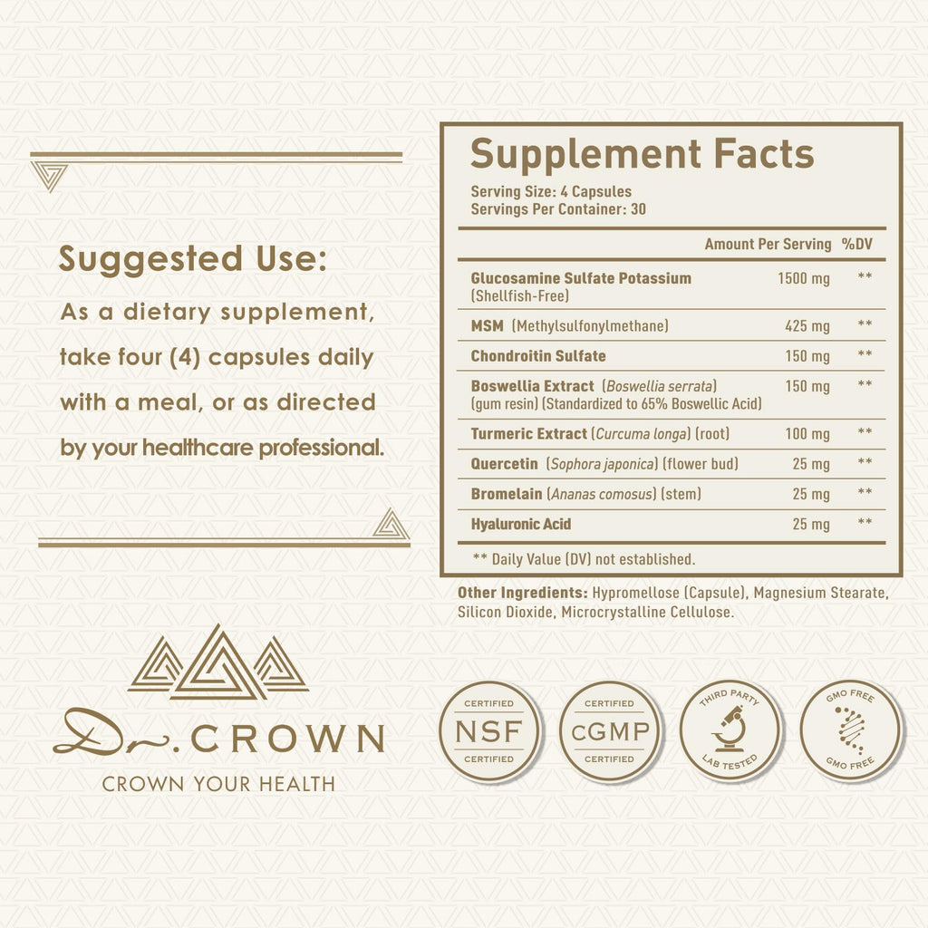 DR. CROWN Joints Health Suppplement, Glucosamine Chondroitin MSM - Joint Support Supplement for Women and Men with Turmeric, MSM &Boswellia, for Cartilage, Joint Health and Flexibility - 120 Capsules DR. CROWN Au supplements