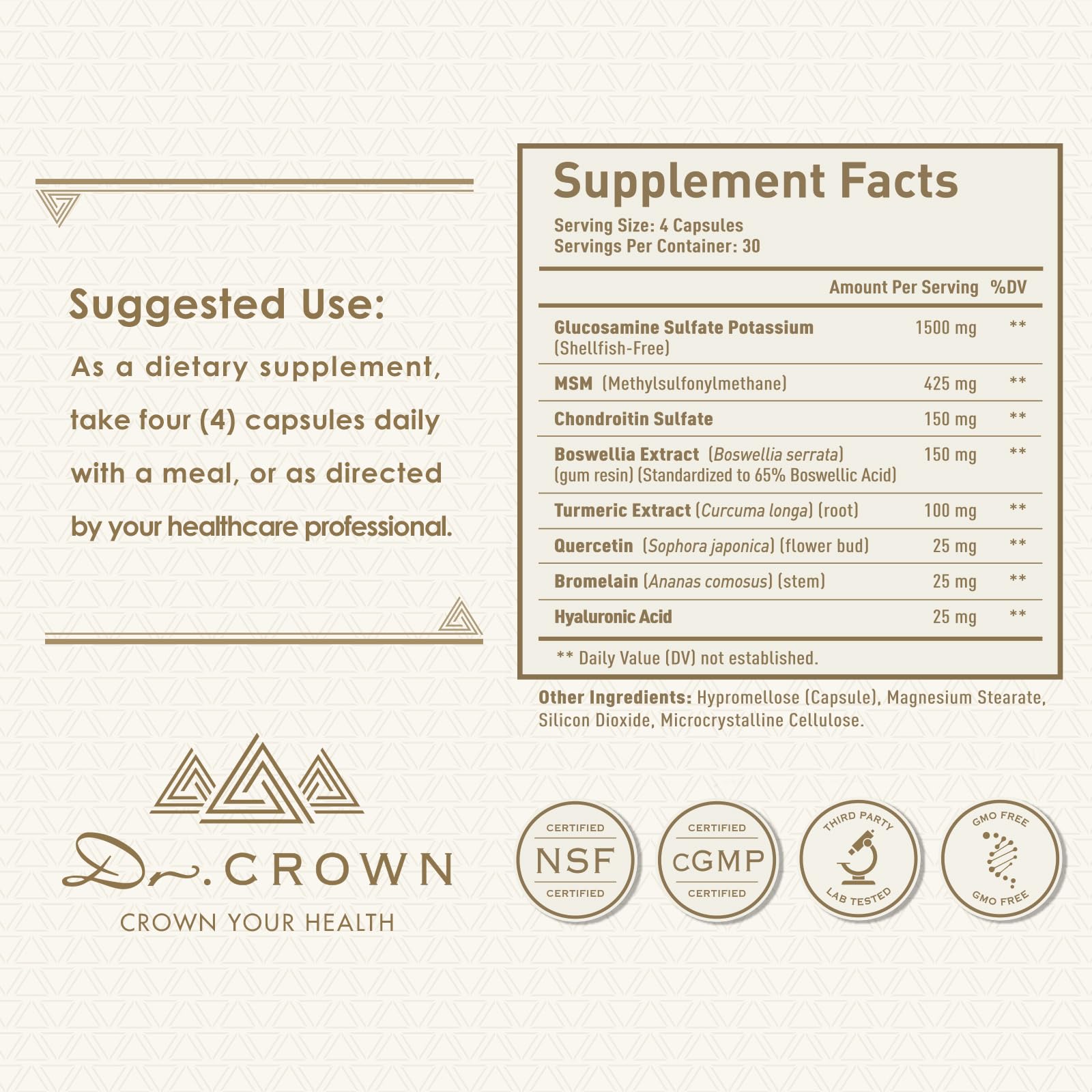 DR. CROWN Joints Health Suppplement, Glucosamine Chondroitin MSM - Joint Support Supplement for Women and Men with Turmeric, MSM &Boswellia, for Cartilage, Joint Health and Flexibility - 120 Capsules DR. CROWN Au supplements