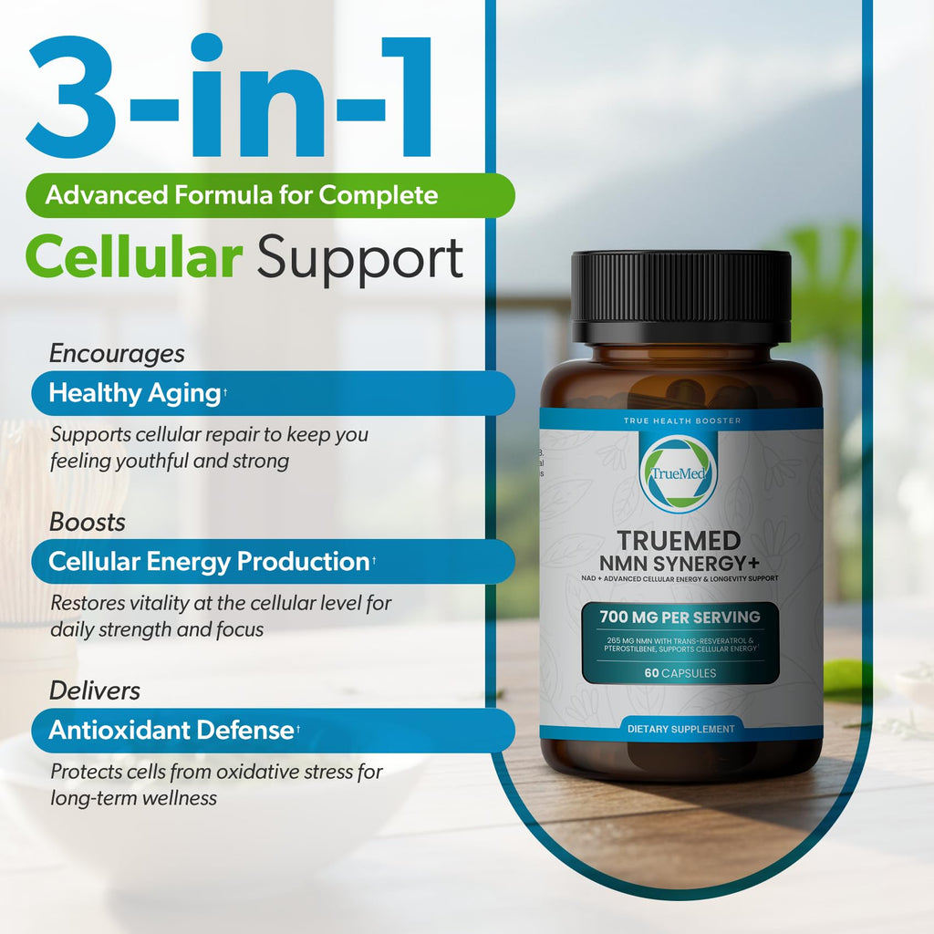 TRUEMED NMN Synergy+ 700mg – Premium NMN Supplement with Resveratrol & Pterostilbene | Advanced NAD+ Supplement for Cellular Energy, & Wellness Support | Non-GMO, Vegan, 60 Capsules TRUEMED Au supplements