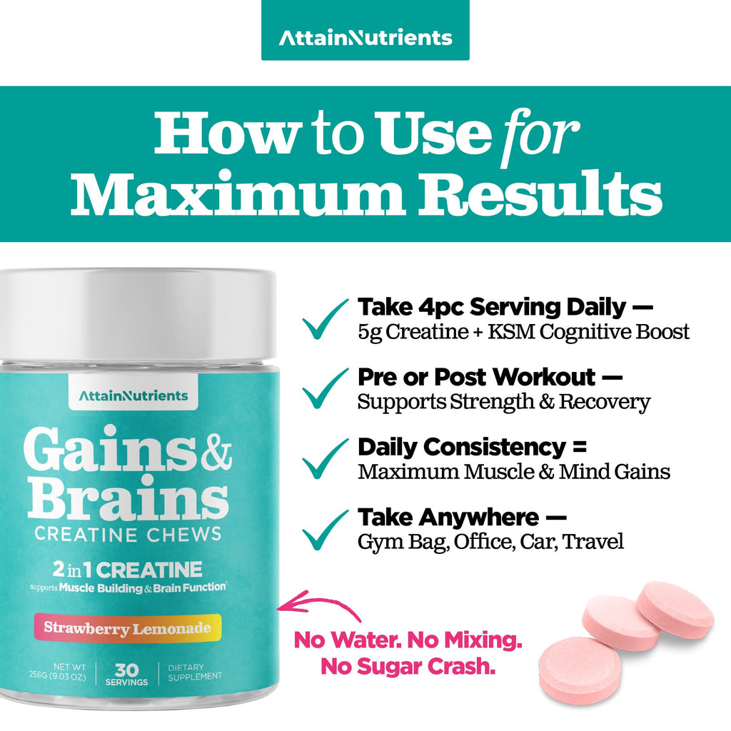 Creatine Chews - 5000mg Creatine Monohydrate Tablets for Men & Women with Ashwagandha KSM-66 - Low Sugar Muscle Support & Cognitive Boost - Gummy Alternative - 120 Count (Strawberry Lemonade) Attain Nutrients Au supplements