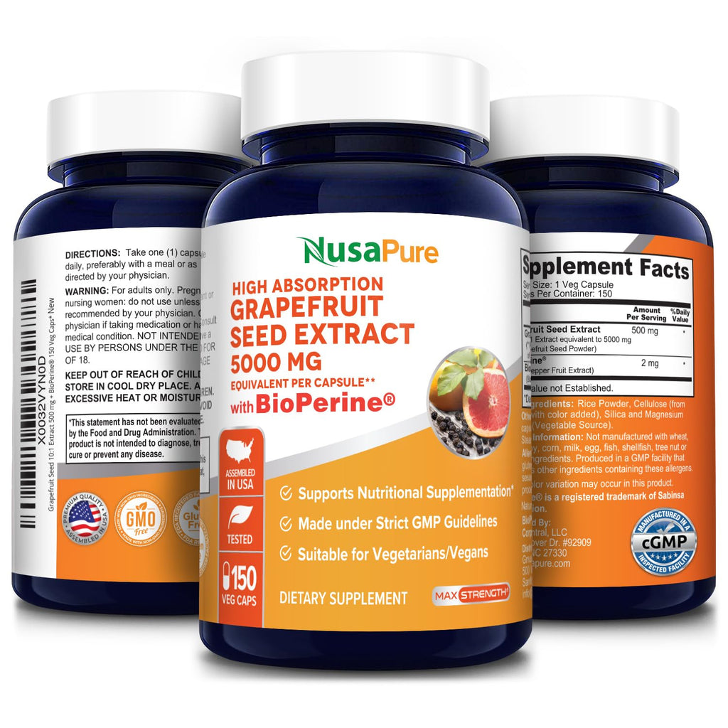 NusaPure Grapefruit Extract 5,000 mg per Capsule (Extract 10:1) Bioperine 150 Veggie caps (Gluten Free & Non-GMO) NusaPure Au supplements