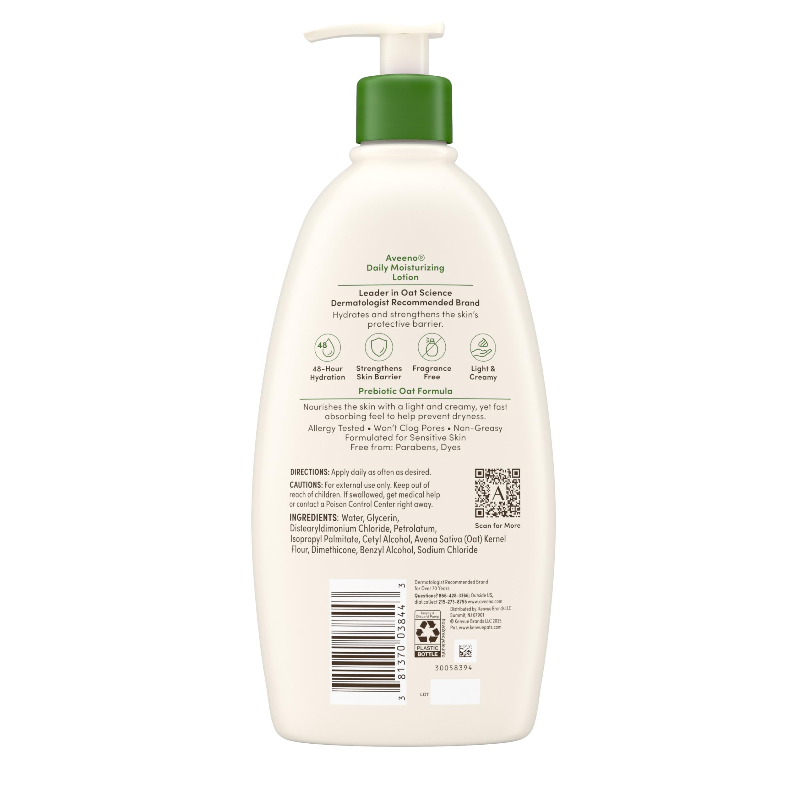 Aveeno Daily Moisturizing Body Lotion, Body Lotion for Dry Skin with Prebiotic Oat, Paraben Free, Fragrance Free