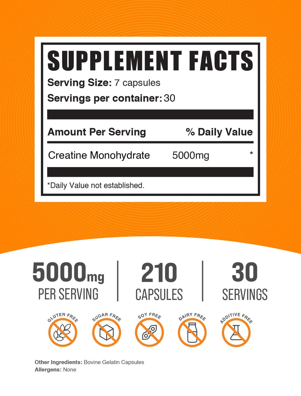 BulkSupplements.com Creatine Monohydrate Capsules - Micronized Creatine Monohydrate, Sports Nutrition - 7 Capsules per Serving, 5000mg, Gluten Free, 210 Count (Pack of 1) BulkSupplements Au supplements