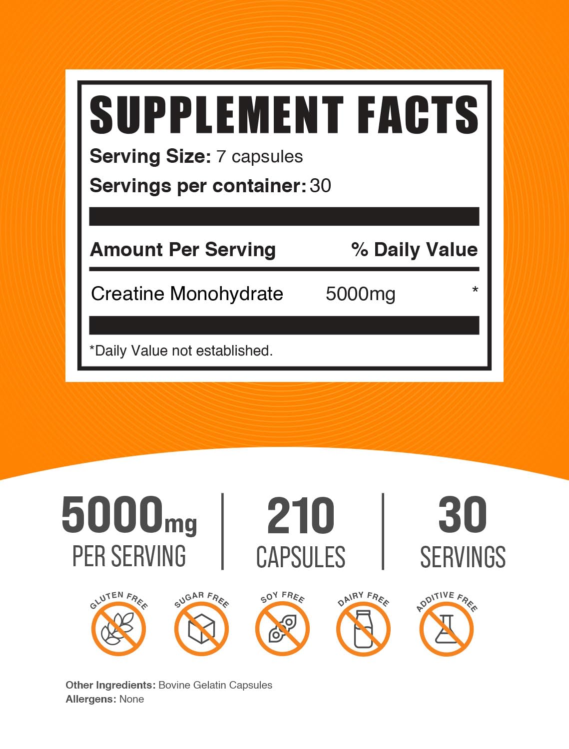 BulkSupplements.com Creatine Monohydrate Capsules - Micronized Creatine Monohydrate, Sports Nutrition - 7 Capsules per Serving, 5000mg, Gluten Free, 210 Count (Pack of 1) BulkSupplements Au supplements