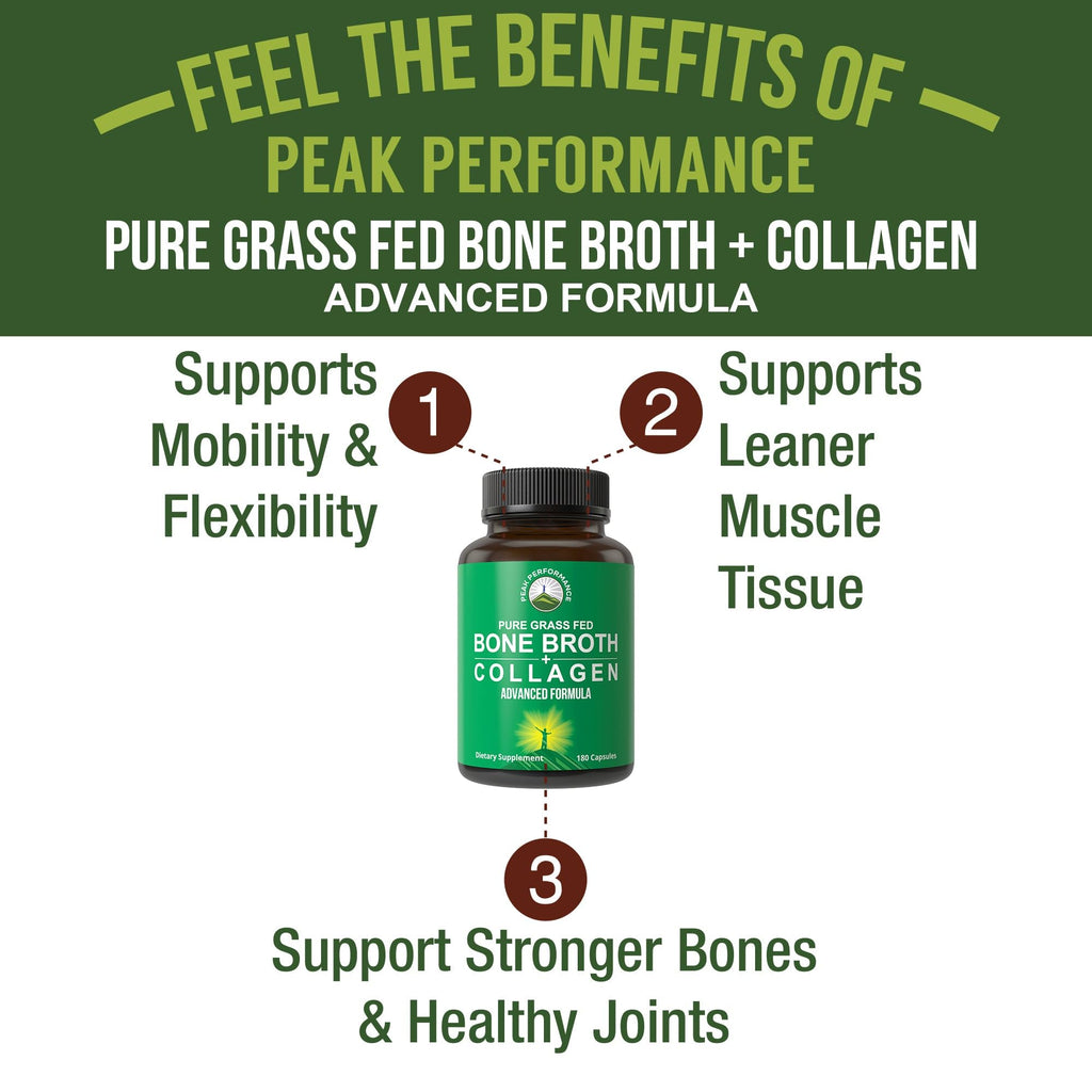 Peak Performance Bone Broth Collagen Capsules - 180 Pills of Grass Fed Bone Broth Collagen Protein Peptides - Contains All 3 Types 1, 2, and 3 - Pure Pasture