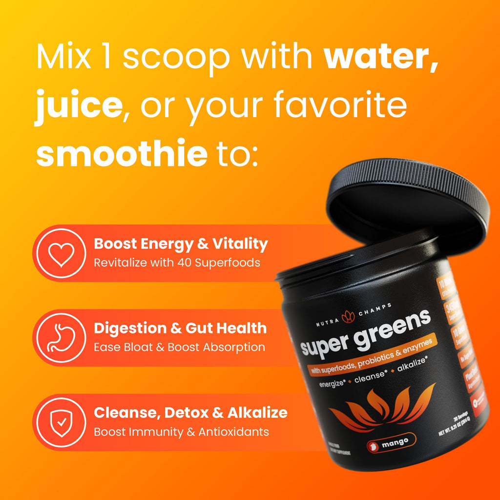 NutraChamps Super Greens Powder Premium Superfood | 20+ Organic Green Veggie Whole Foods | Wheat Grass, Spirulina, Chlorella | Antioxidant, Digestive Enzyme