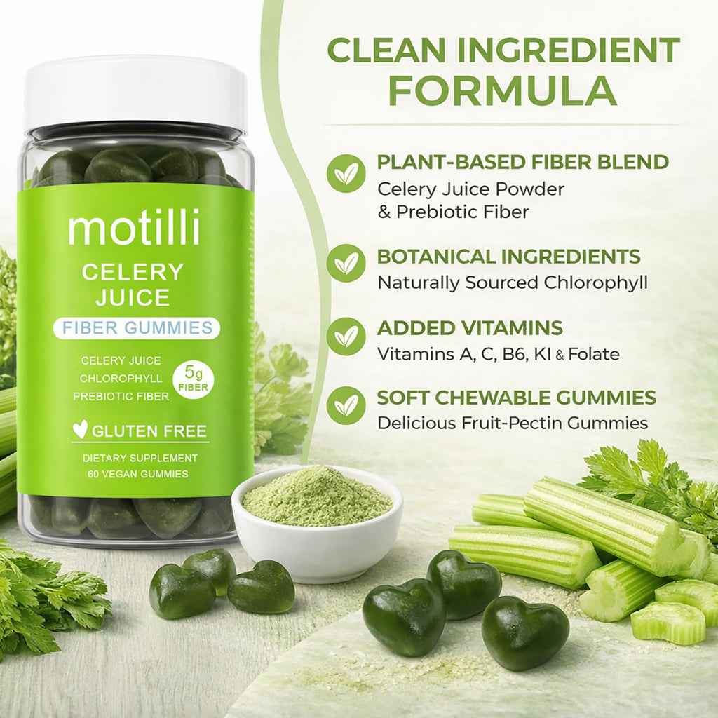 zdiwond Motilli Celery Juice Fiber Gummies, with Prebiotic Fiber and Botanical Ingredients, 60 Count