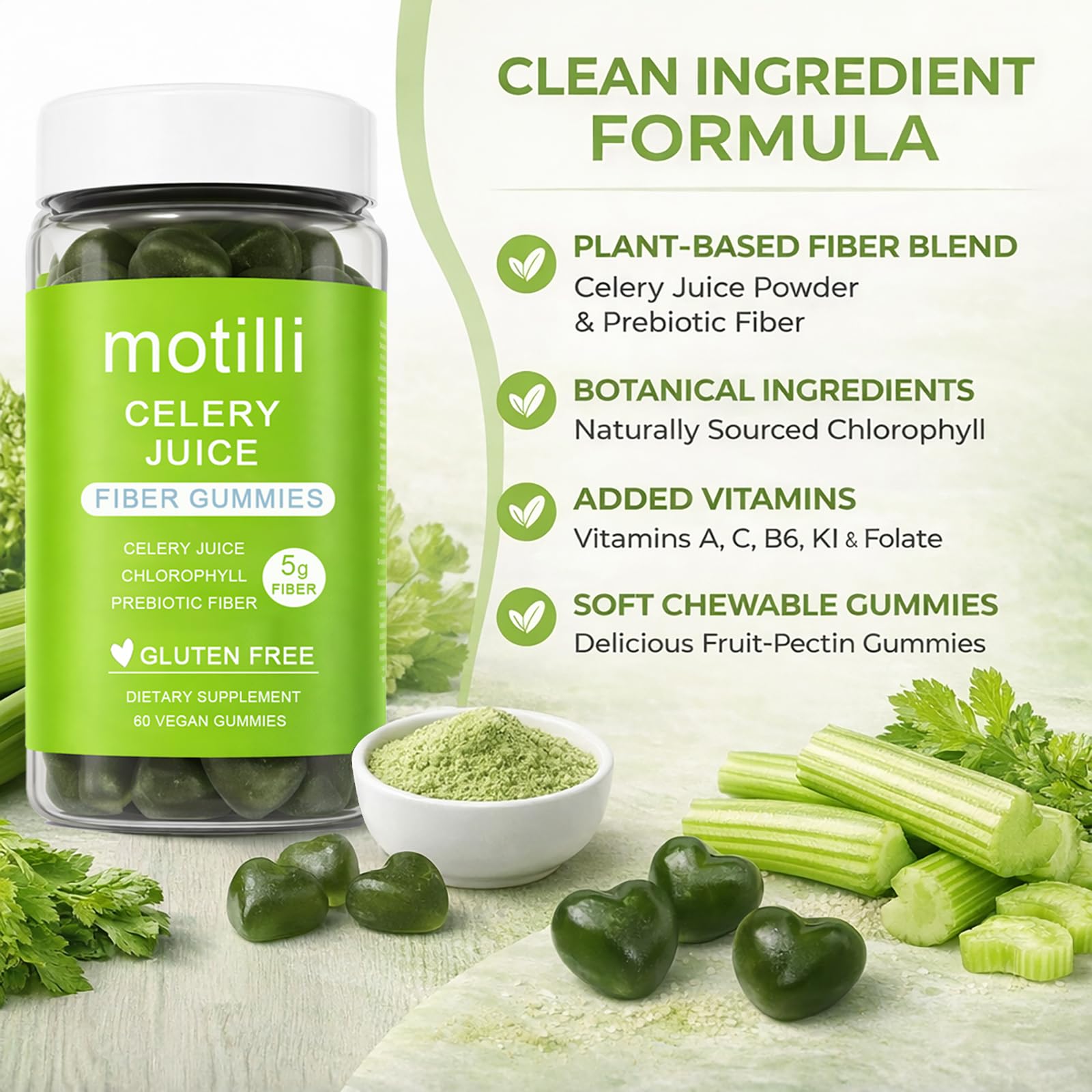 zdiwond Motilli Celery Juice Fiber Gummies, with Prebiotic Fiber and Botanical Ingredients, 60 Count