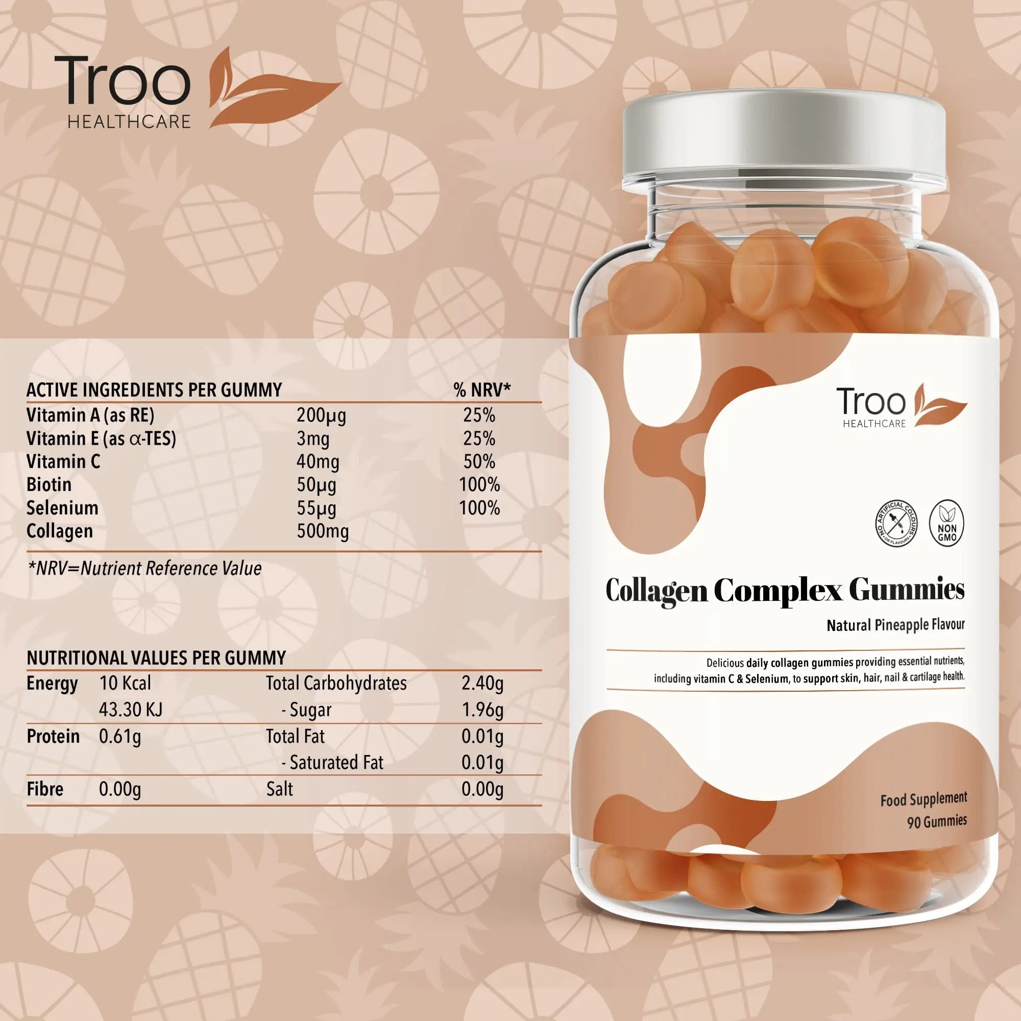 Hydrolysed Collagen Complex - 90 Natural Pineapple Flavour Chewable Gummies - One Per Day with Biotin, Vitamin C and Selenium Troo Health Care Au supplements