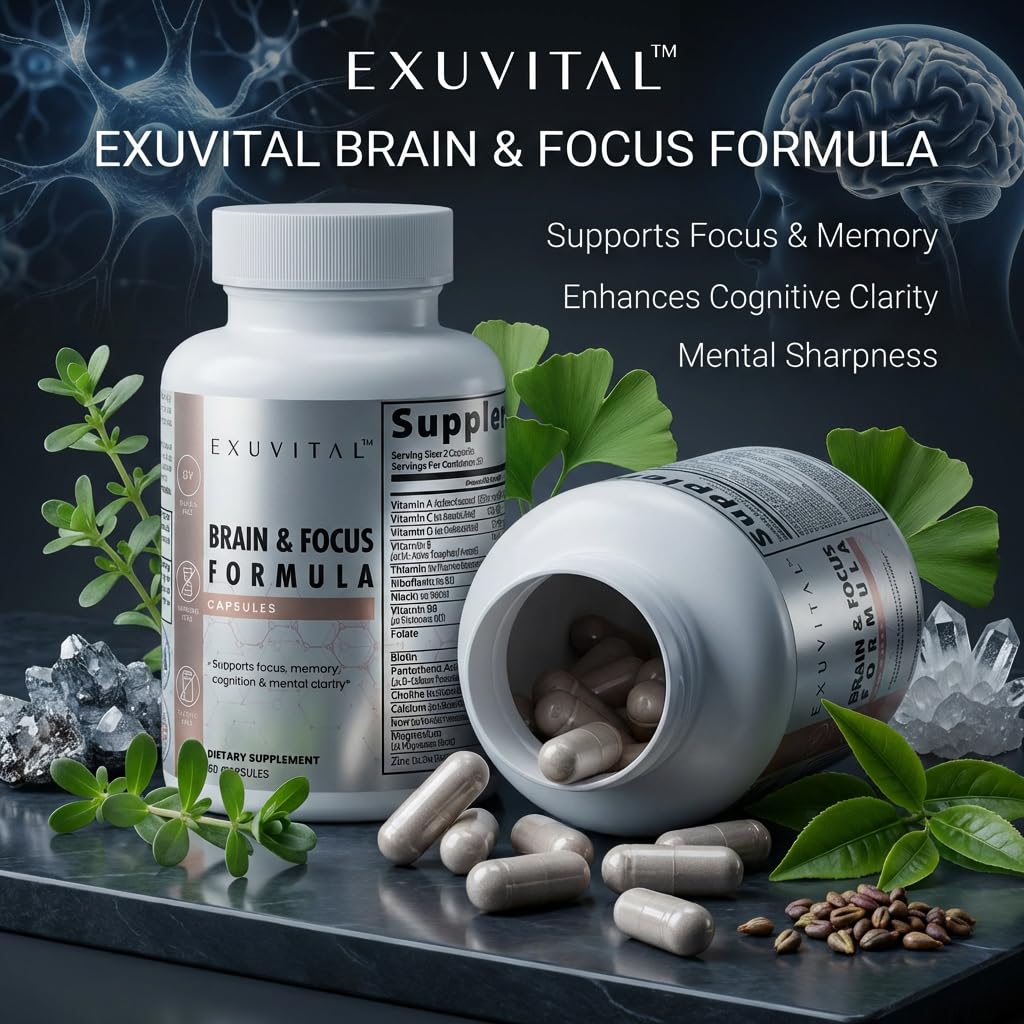 EXUVITAL Brain & Focus Formula, Veggie Capsules, 60 Count, Nootropic Supplement with Vitamins, Minerals and Proprietary Blend for Clarity, Memory, Cognition and Mental Focus EXUVITAL Au supplements