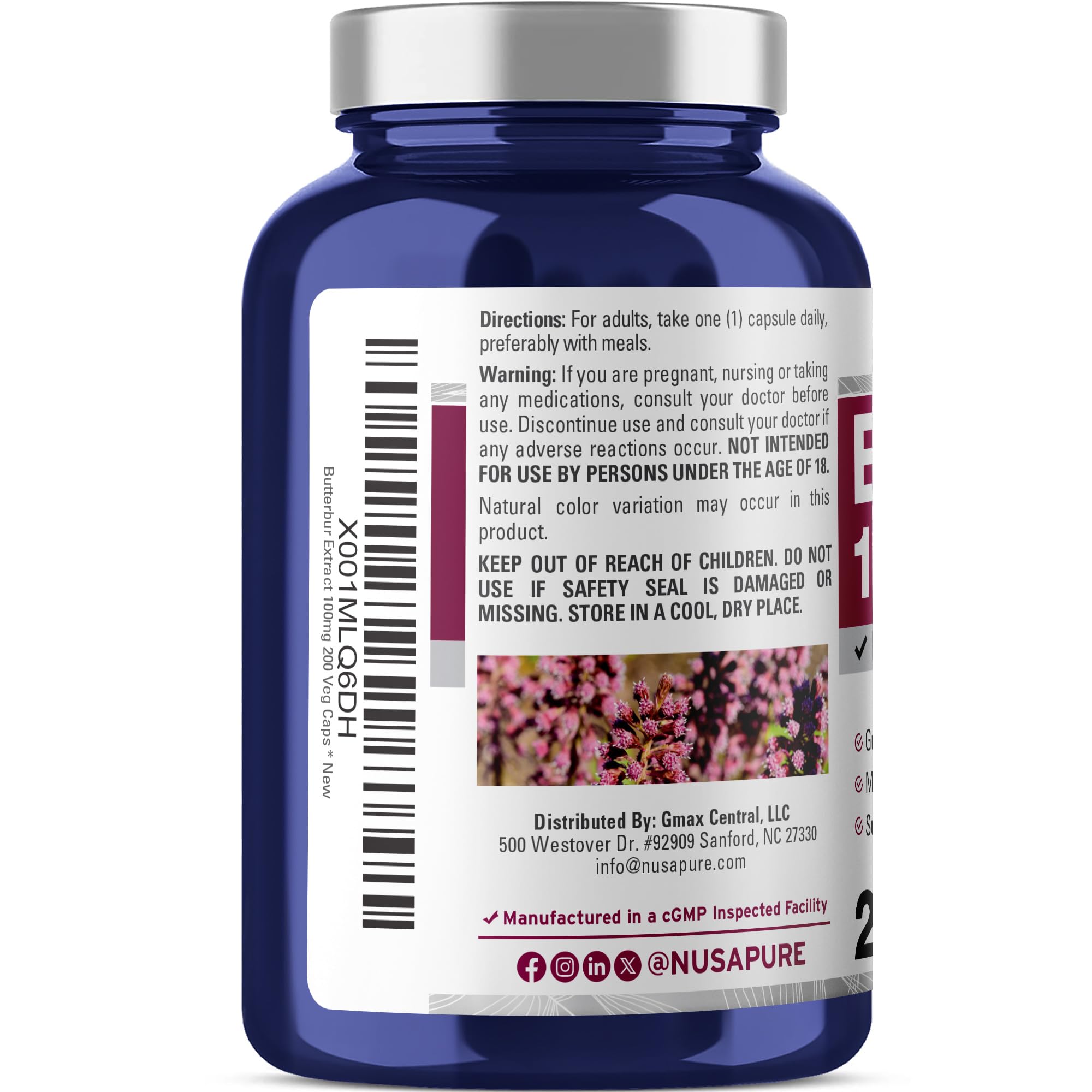 NusaPure Butterbur Extract 100mg per caps 200 Veggie Capsules (Non-GMO, Vegetarian, Vegan) NusaPure Au supplements