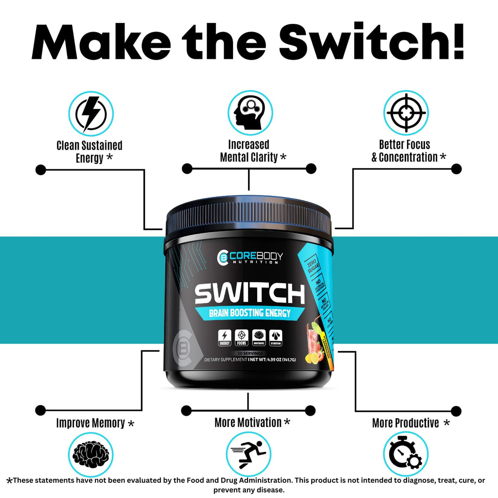 Switch, Brain Boosting Nootropic Energy Supplement Powder - Made in USA - Alpha GPC, NALT, Ashwagandha, Sugar Free Energy, Keto, Increase Mental Focus & Cognitive Function, Enhances Mood & Memory CoreBody Nutrition Au supplements