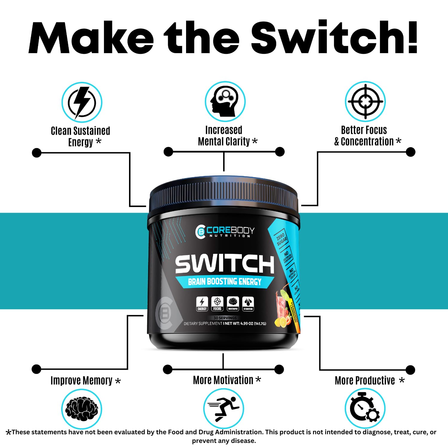 Switch, Brain Boosting Nootropic Energy Supplement Powder - Made in USA - Alpha GPC, NALT, Ashwagandha, Sugar Free Energy, Keto, Increase Mental Focus & Cognitive Function, Enhances Mood & Memory CoreBody Nutrition Au supplements