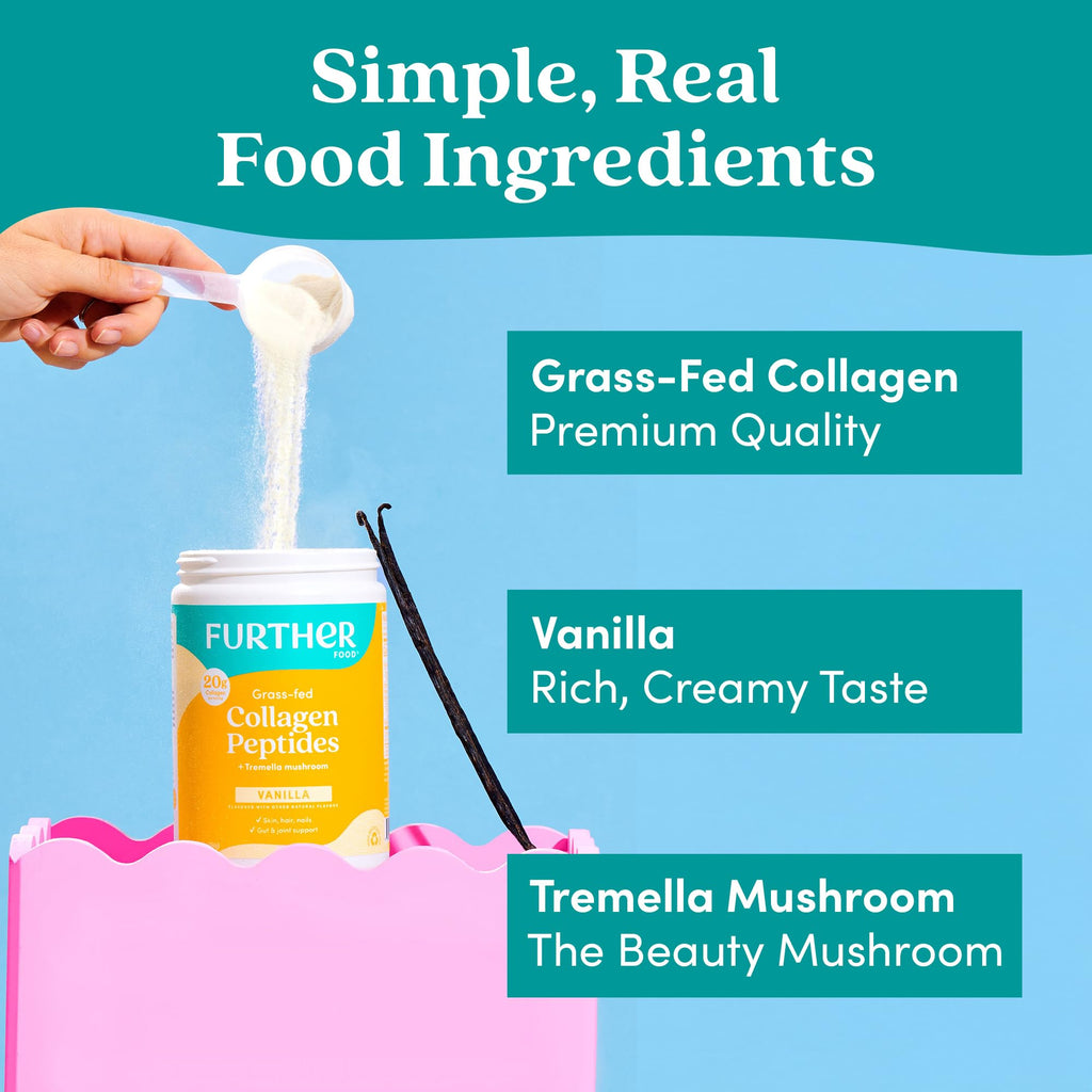 Further Food Vanilla Collagen Peptides Powder with Tremella Mushroom – 100% Grass-Fed, Hydrolyzed Type 1 & 3, 20g of Collagen per Serving, Supports Skin, Hair, Nails & Joints, 22.22 Oz Further Food Au supplements