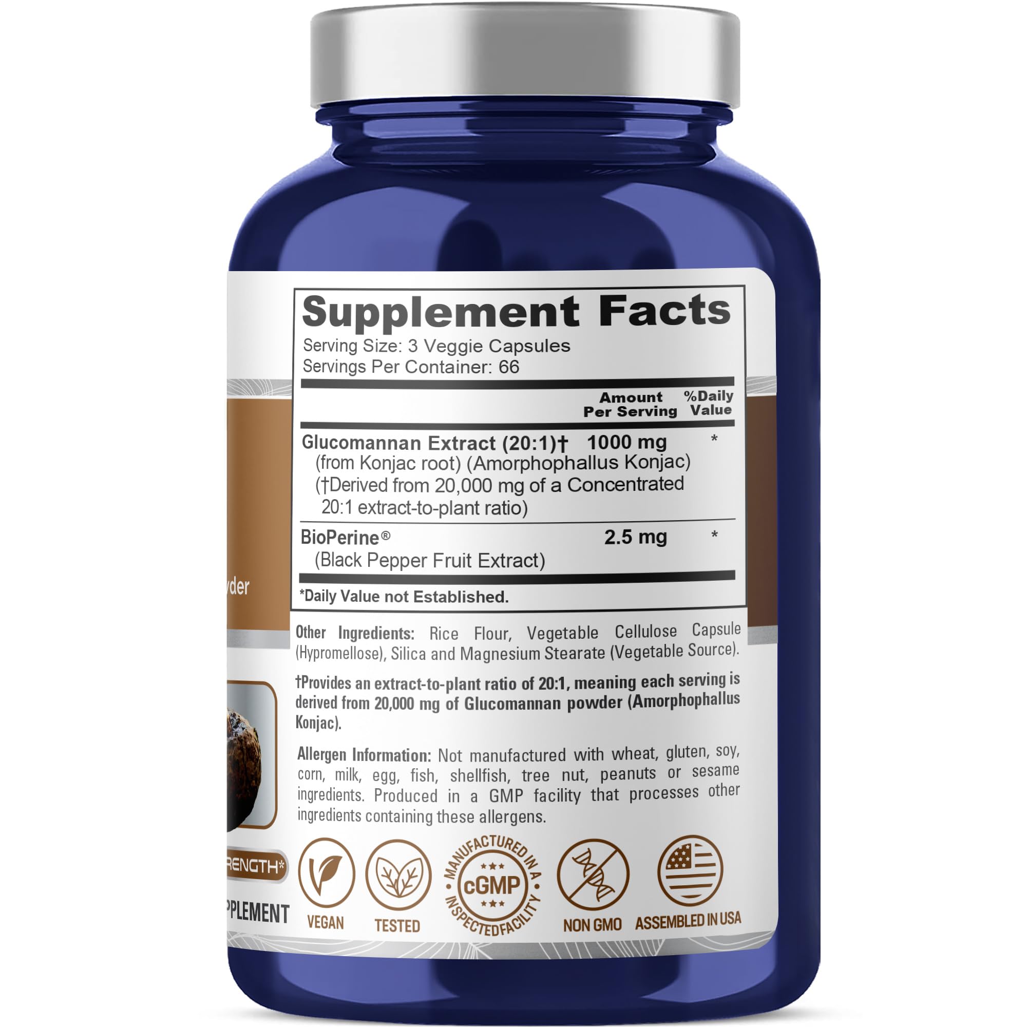 NusaPure Glucomannan 20,000 mg per Serving 200 VCaps (20:1 Extract, BioPerine Non-GMO, Vegan) Konjac Root NusaPure Au supplements