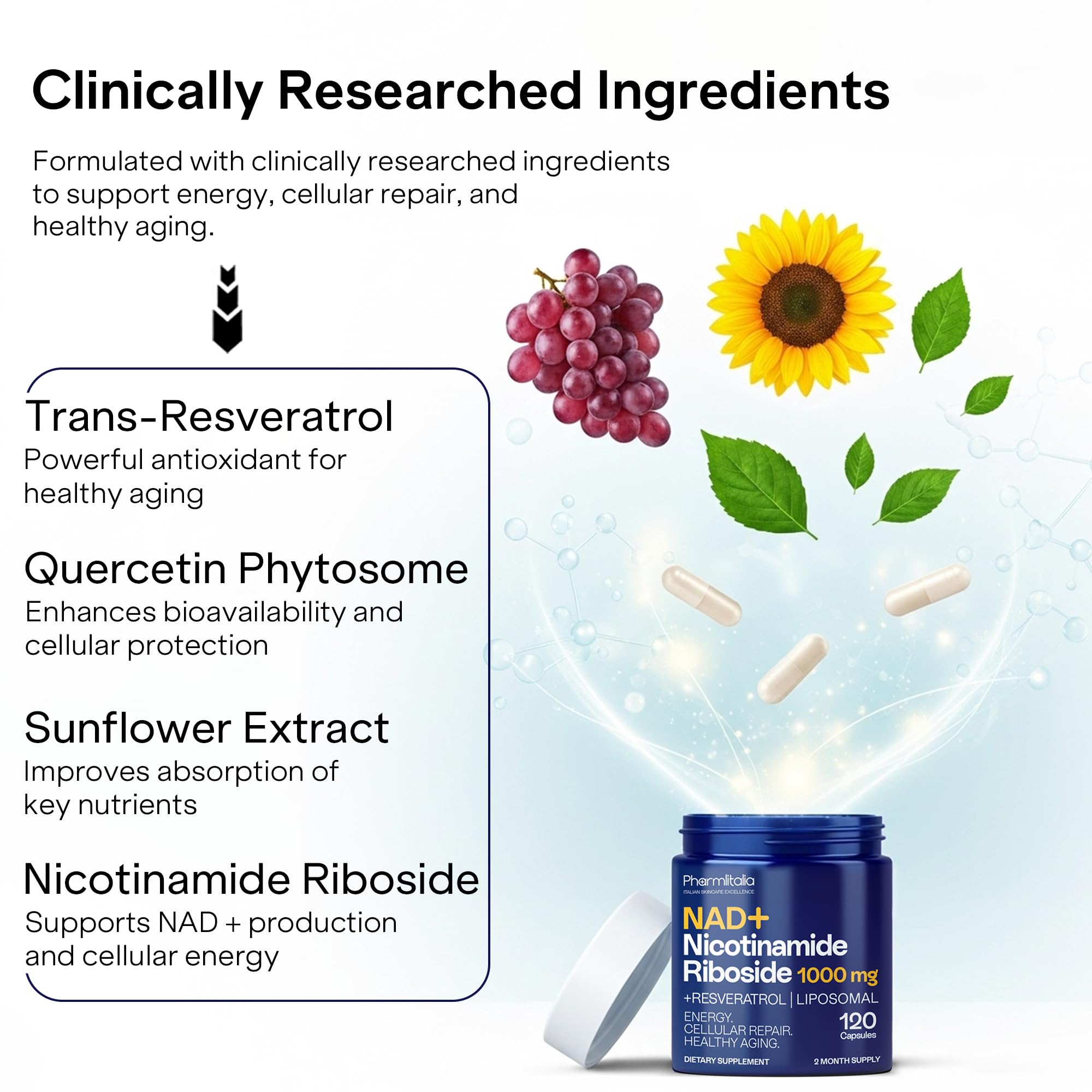 Liposomal NAD+ Supplement with Resveratrol - Nicotinamide Riboside 1000 Mg - NAD Supplements for Women & Men - NMN Supplement Alternative - Advanced NAD Resveratrol for Cellular Energy - 120 Capsules Pharmlitalia Au supplements