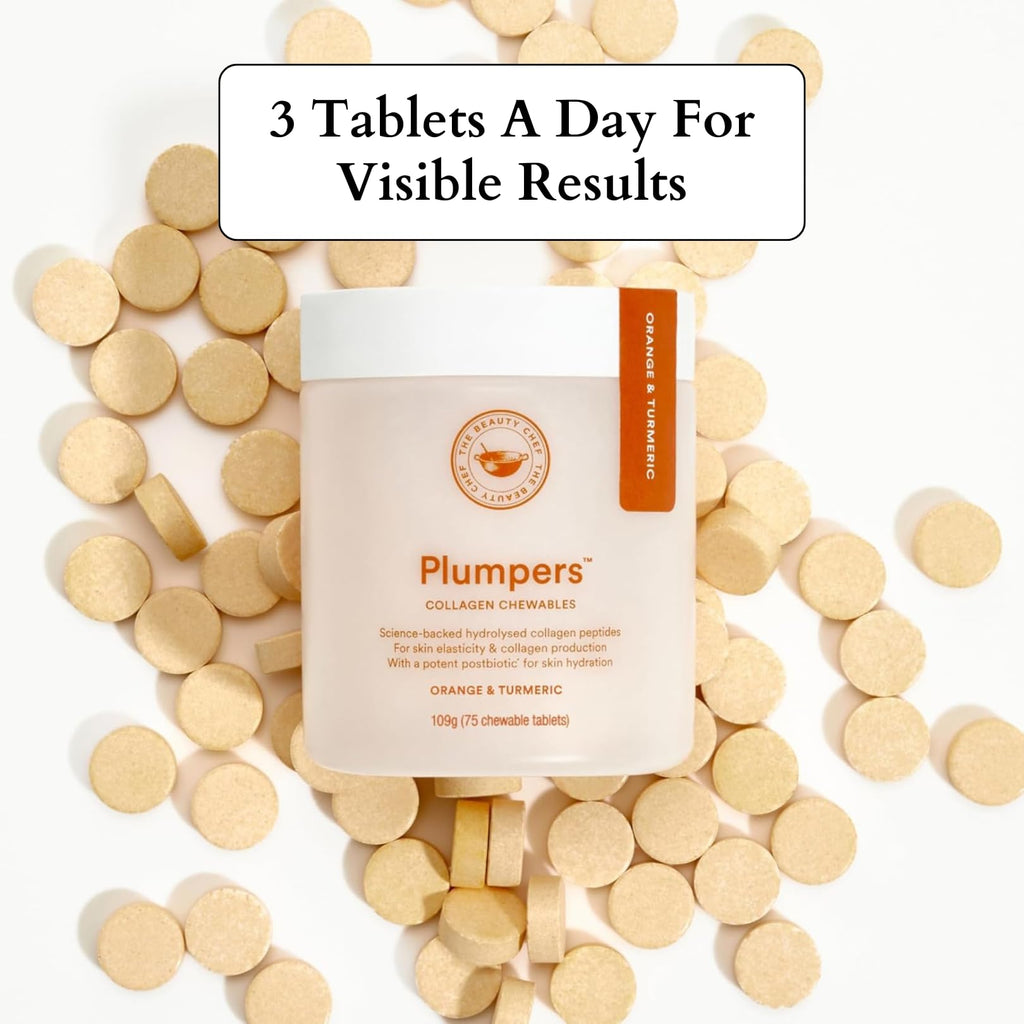 The Beauty Chef Plumpers™ Collagen Chewable Tablets with Hyaluronic Acid & Postbiotic, Supports Skin Elasticity & Collagen, Women's Multivitamin, Collagen Peptides, 75 Tablets (Orange & Turmeric) The Beauty Chef Au supplements