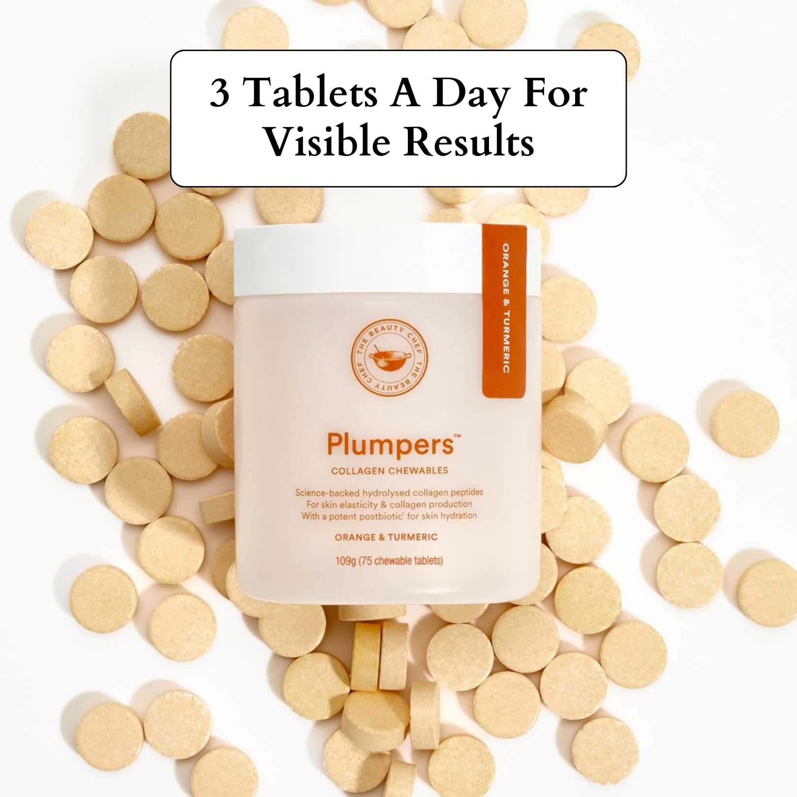 The Beauty Chef Plumpers™ Collagen Chewable Tablets with Hyaluronic Acid & Postbiotic, Supports Skin Elasticity & Collagen, Women's Multivitamin, Collagen Peptides, 75 Tablets (Orange & Turmeric) The Beauty Chef Au supplements