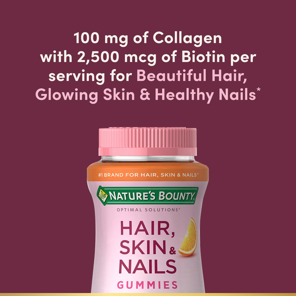 Nature's Bounty Optimal Solutions Hair, Skin & Nails with Biotin and Collagen, Citrus-Flavored Gummies Vitamin Supplement, 2500 mcg, 80 Ct, 40 Total Servings Nature's Bounty Au supplements