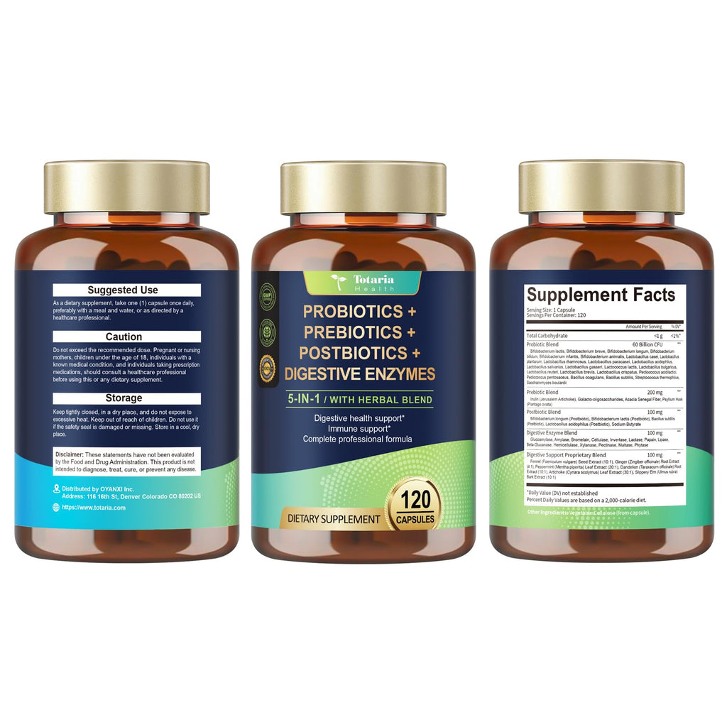 Totaria 5-in-1 Probiotic Prebiotic & Postbiotic for Women Men, 60 Billion CFU 24 Strains w/Digestive Enzymes, Prebiotic Fiber, Slippery Elm